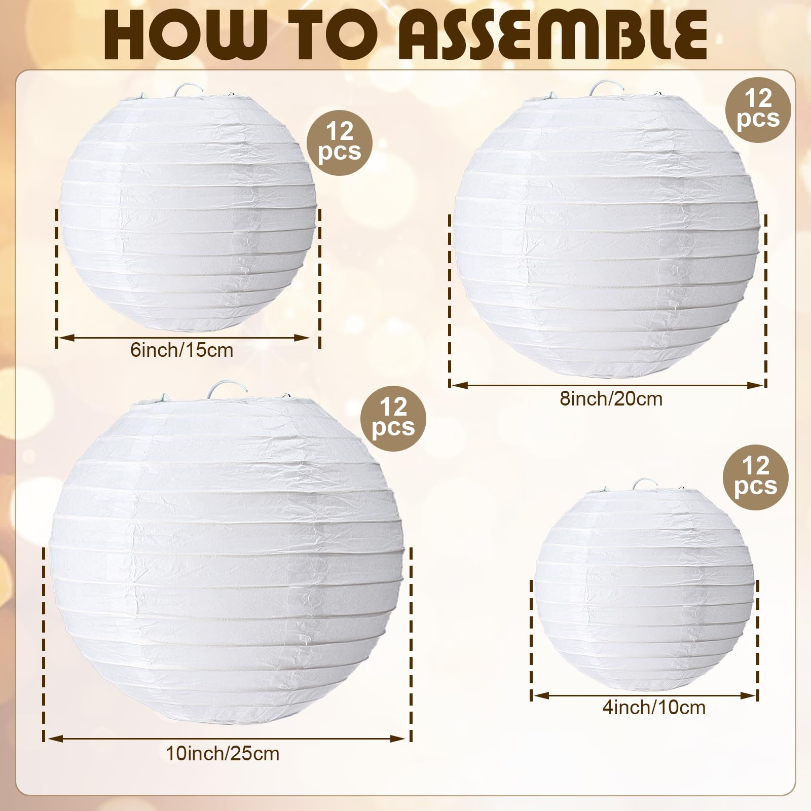 Treela 48 Pcs Paper Lanterns Party Decorations Chinese Round Paper Lanterns 4/6/8/10 Inch Asian Hanging Lanterns Lamps Decorative For Birthday Party Supplies(White)