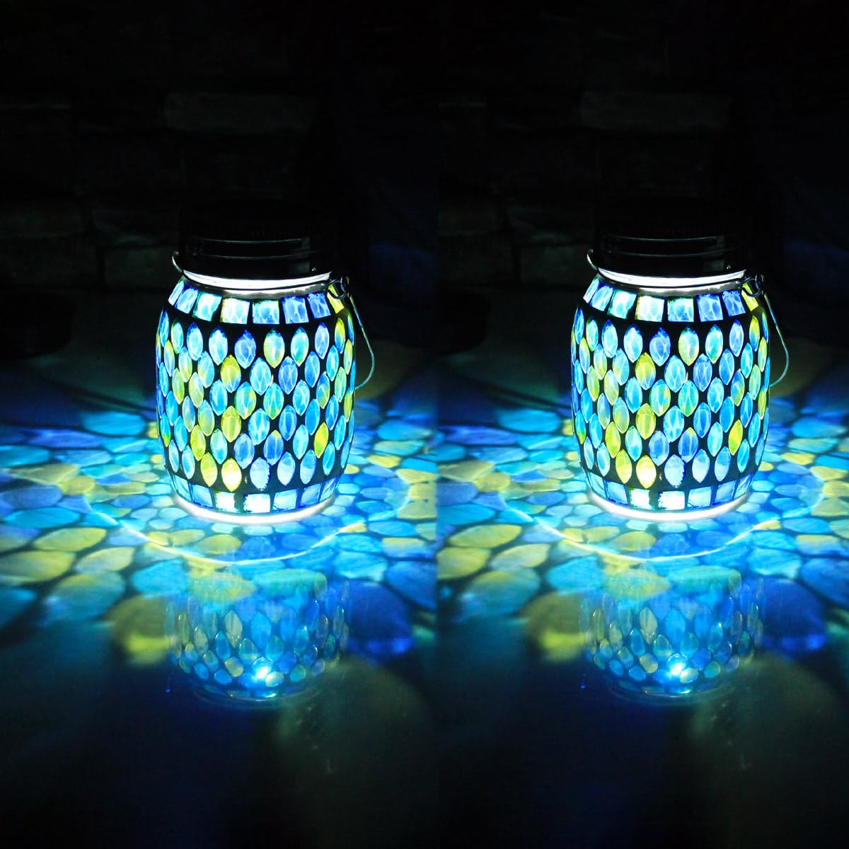 Solar Mosaic 2pack Outdoor Waterproof Cool Blue Mosaic jar Decor Christmas Gifts for Women Mom Grandma Halloween Hanging Solar L