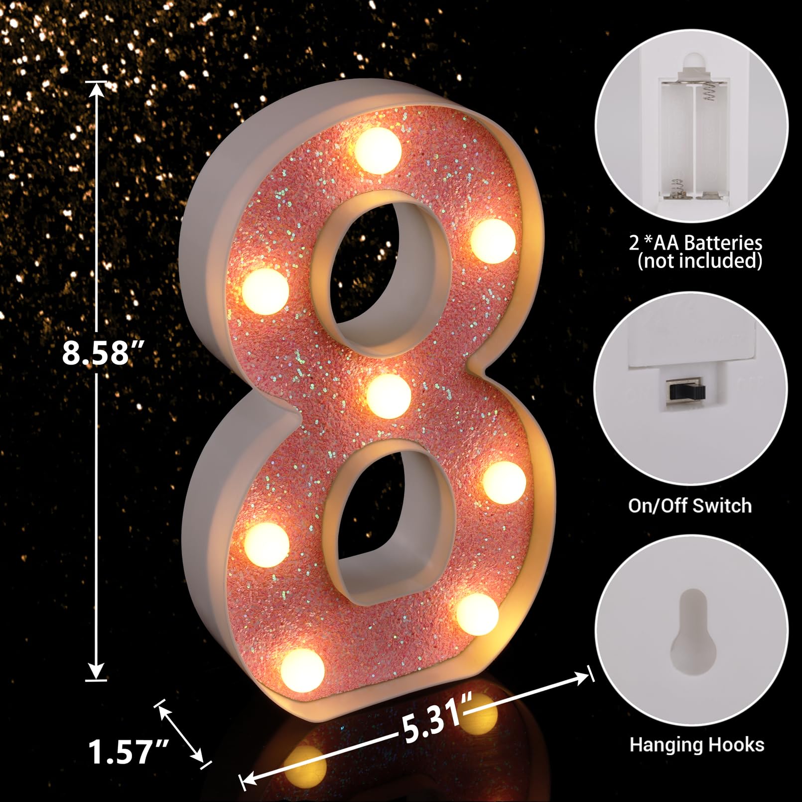 TRONSBOO LED Letter Lights Marquee Sign Battery Powered Model 8 Pink Glitter for Home Party Decoration