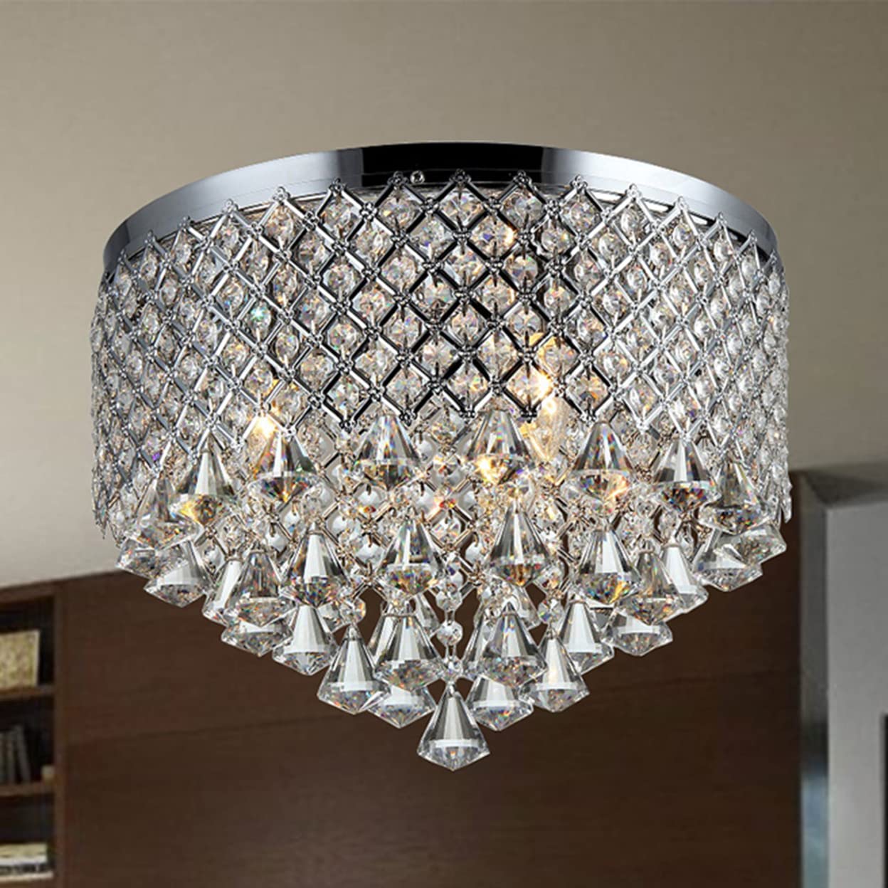 Whse of Tiffany 3-Light Crystal Flush Mount Light, Chrome, 16in, Iron, Model X6611/3