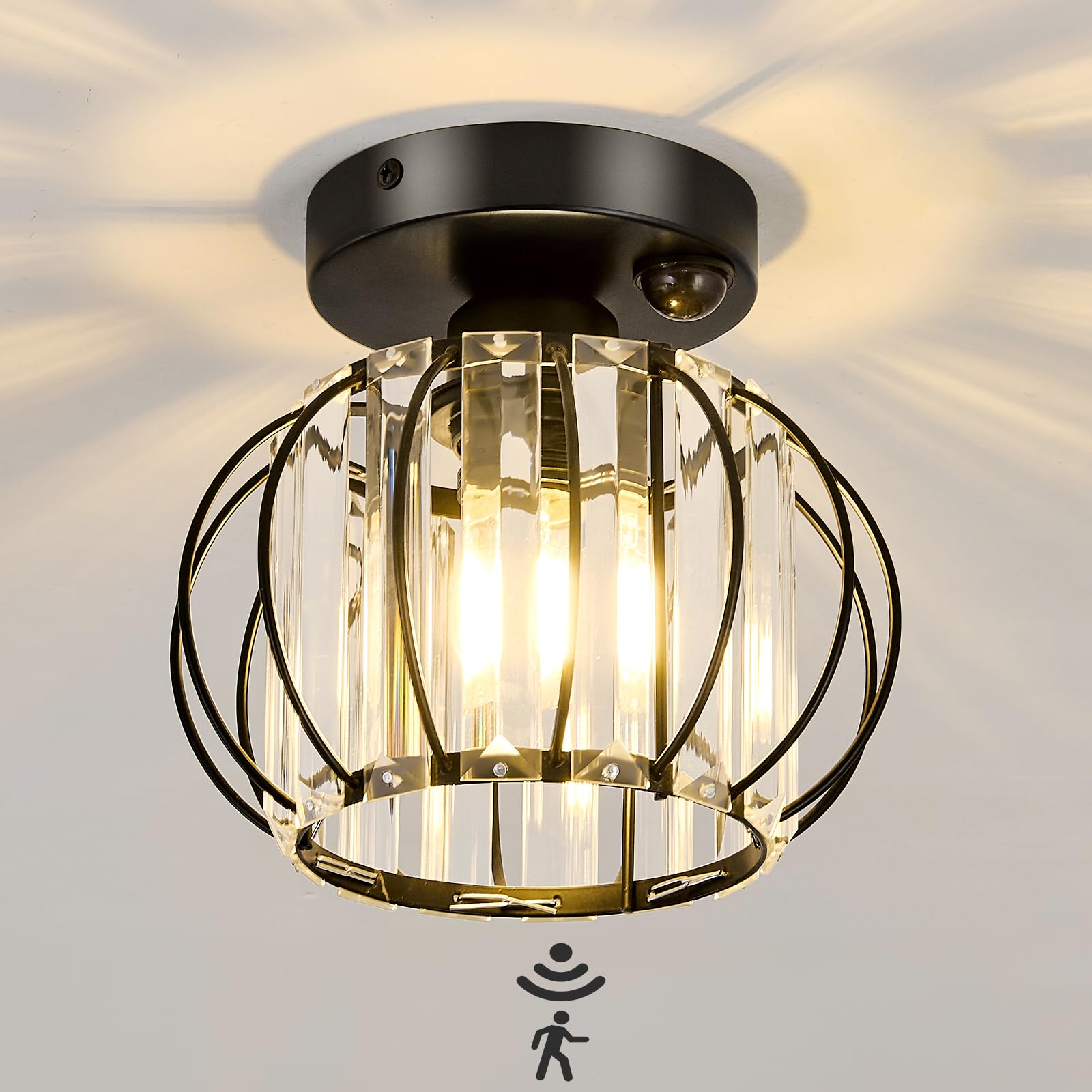 Yyjlx Indoor Motion Sensor Ceiling Light Fixture Modern Cryatal Semi Flush Mount Ceiling Light Black Ovrehead Light Fixture For 