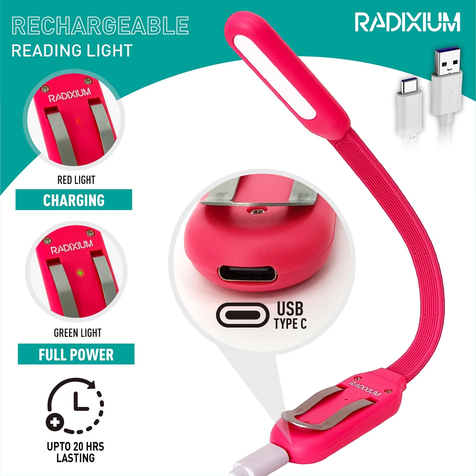 Radixium Slim Rechargeable Book Reading Light  Eye Caring Led With 4 Color Temperatures  Portable Clip On Book Light For Reading In Bed & Travelling. Prefect Elegant White Gift For Book Lover.(Pink)
