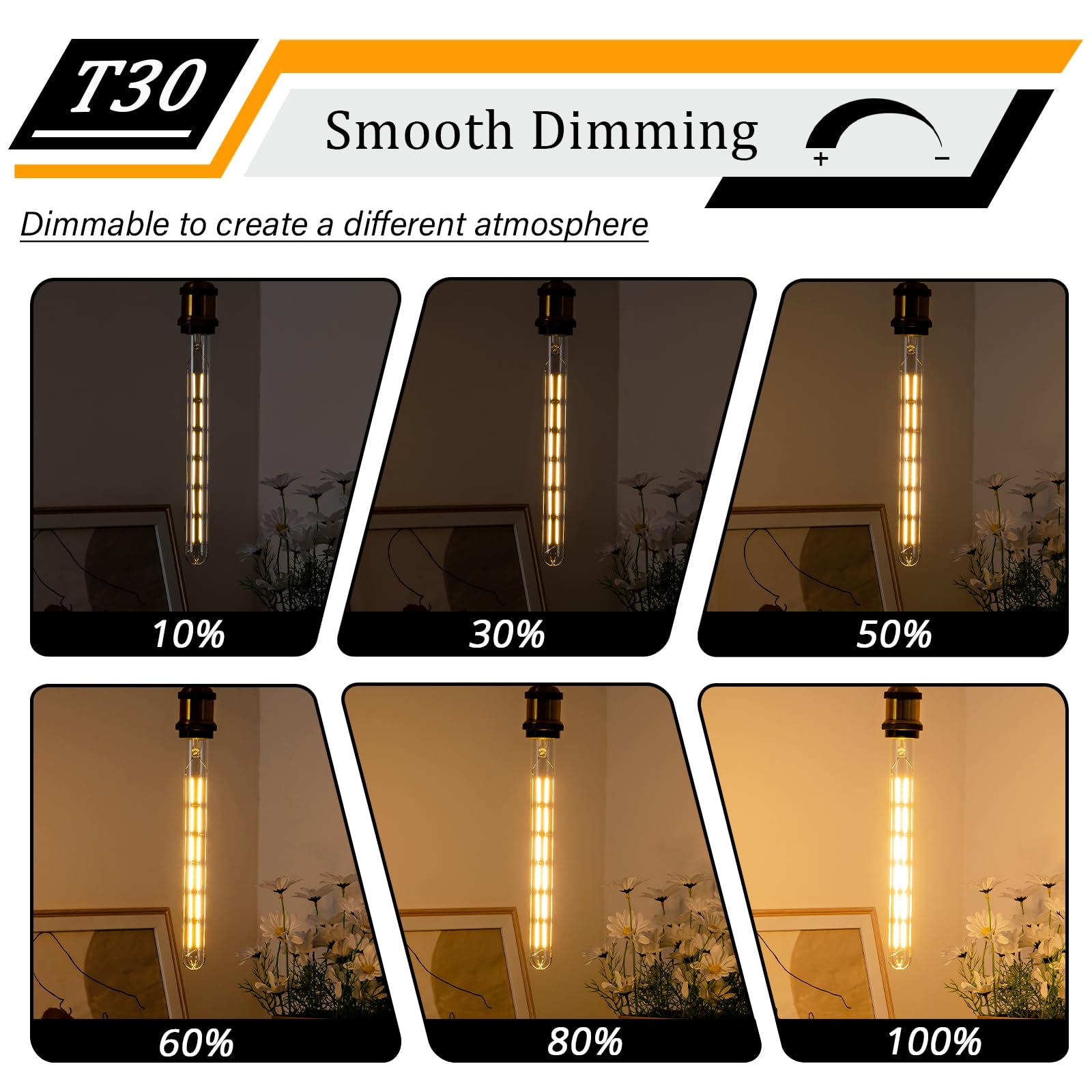 CREATE BRIGHT T30 LED Edison Bulbs, Dimmable 12W, 2700K Warm White, 1440LM, 6 Pack