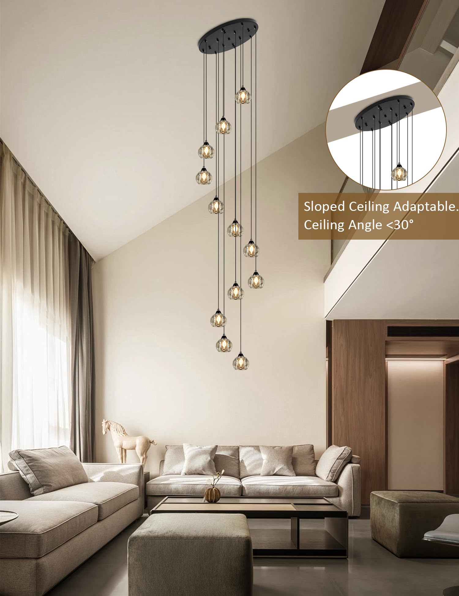 Weesalife 12-Light Black Crystal Chandelier, Model 8817-12C BR, Brass Pendant Light for High Ceilings, Living Room, Kitchen, Hallway