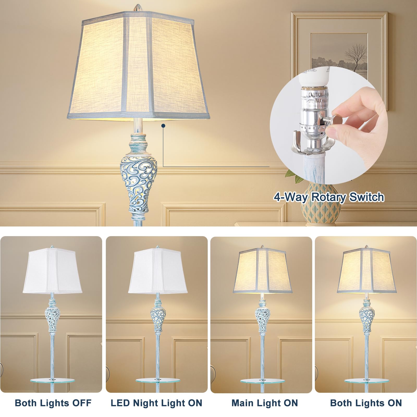 Vintage Floor Lamp With Night Light And Glass Tray, 65'' High Retro Standing Lamp With Washed Blue Finish And White Linen Shade,