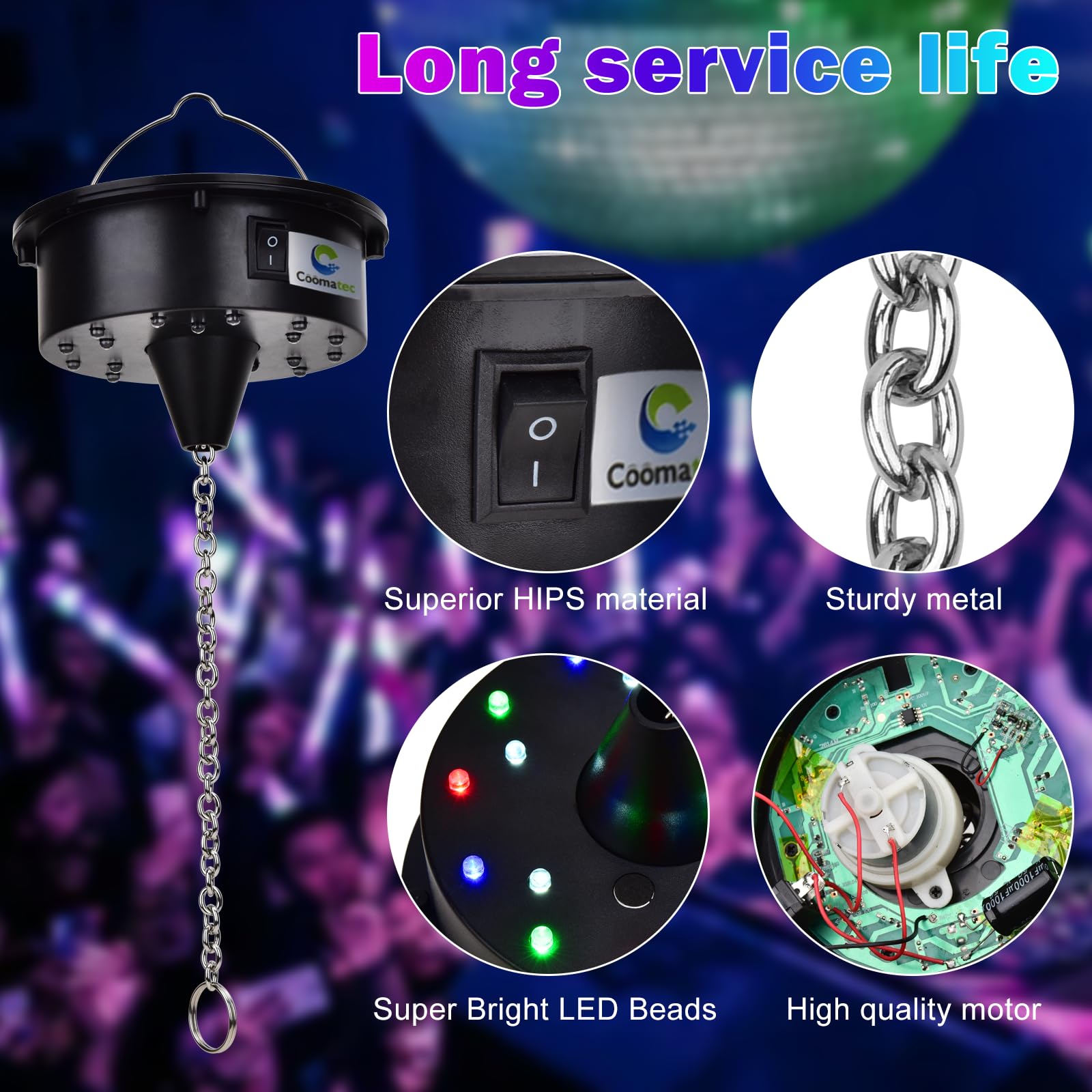 7 Hanging Disco Ball with Motor and Light, Rotating Spinner with Remote Control, 4 Light Colors and 18 LEDs for 70s 80s Party DJ