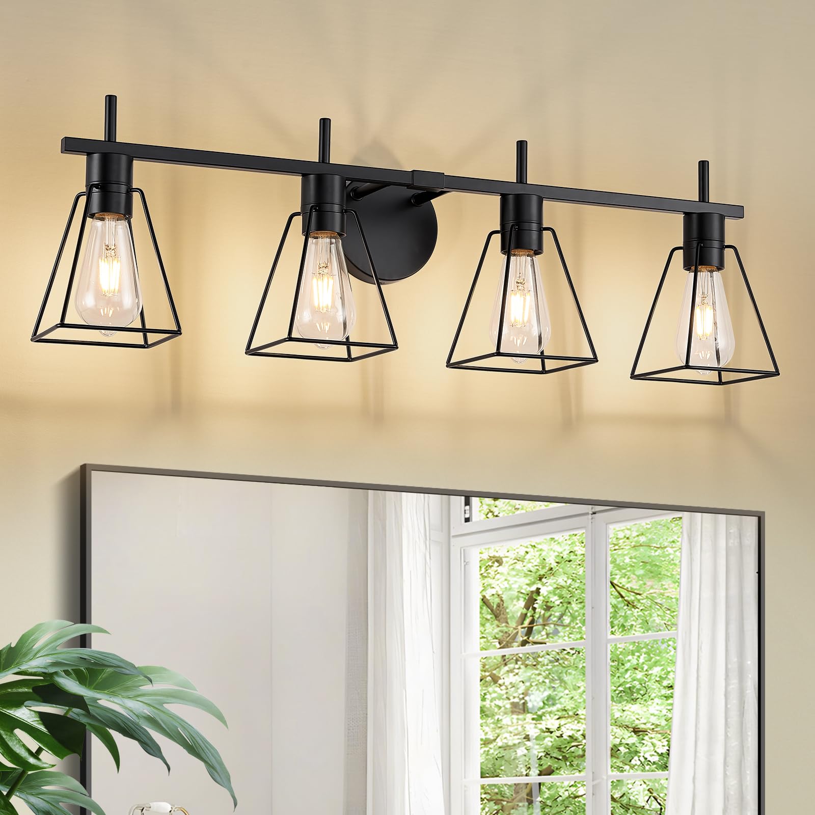 Fonmyim Farmhouse Bathroom Vanity Light Fixtures Over Mirror, Matte Black 4-Light Wall Sconce With Metal Cage, E26 Socket (Bulbs