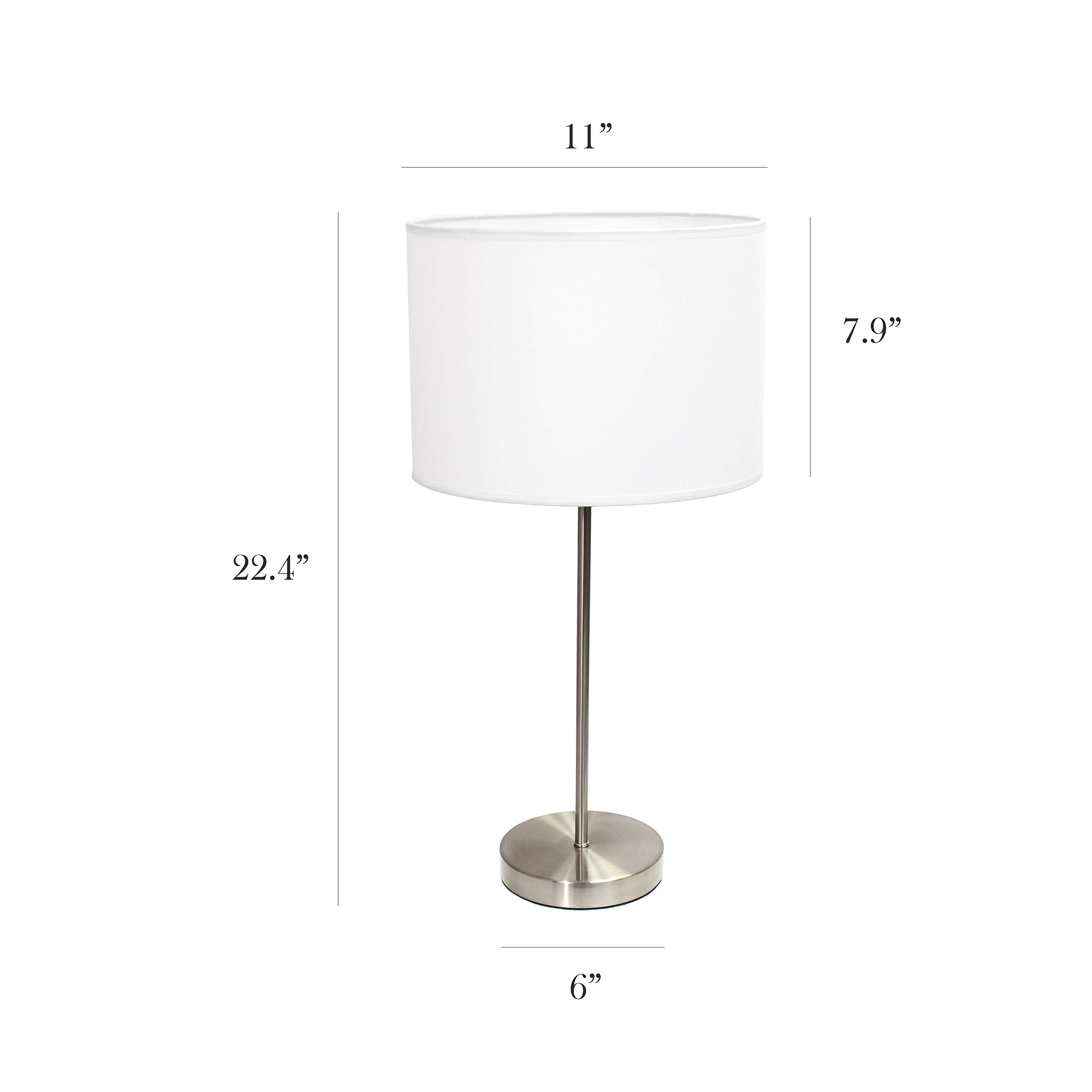 Simple Designs Lt2040-Wht 23" Standard Metal Stick Lamp With Round Base And Drum Fabric Shade For Home Décor, Bedroom, Office, Dorm, Living Room, Entryway, Foyer, Brushed Nickel