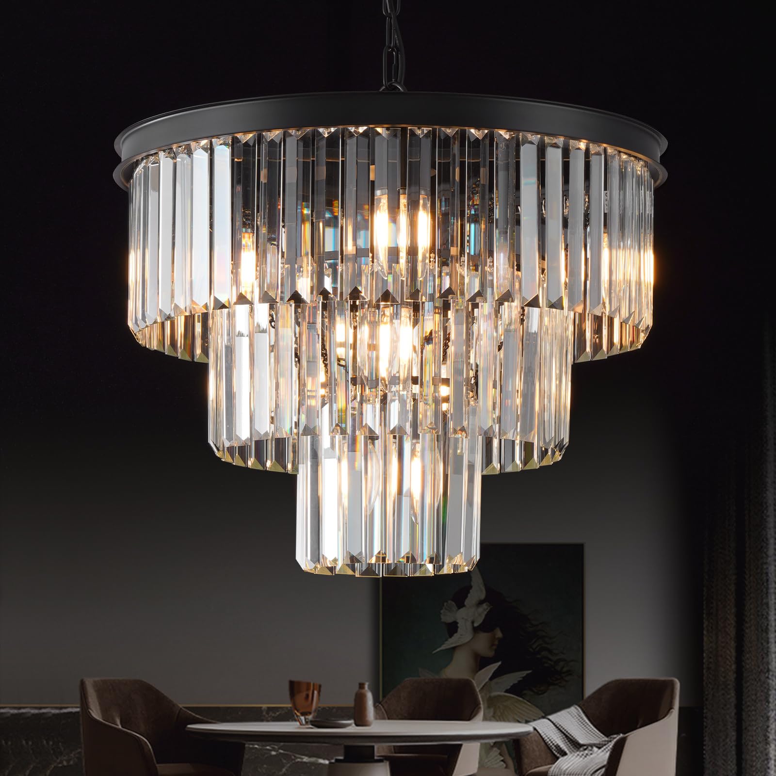 MERINEA Crystal Chandeliers Black Modern Round 20 Chandelier 7 Lights 3-Tier Ceiling Pendant Light Fixture Elegant K9 Crystal Lighting for Living Room Dining Room Bedroom Kitchen Foyer