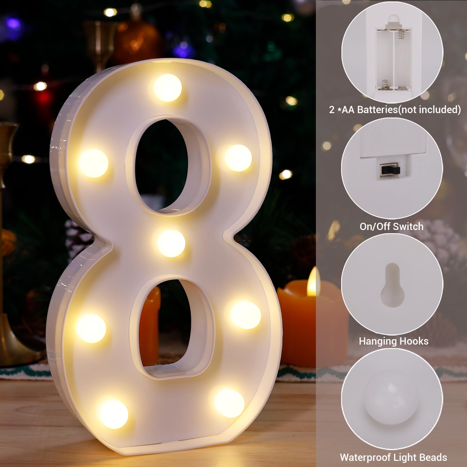 Tronsboo Led Marquee Sign Light Up Letters, Alphabet Light Up Letters Sign, Battery Powered Led Letter Lights For Night Light, Wedding, Birthday, Party, Christmas Or Home Decor (Number 8)
