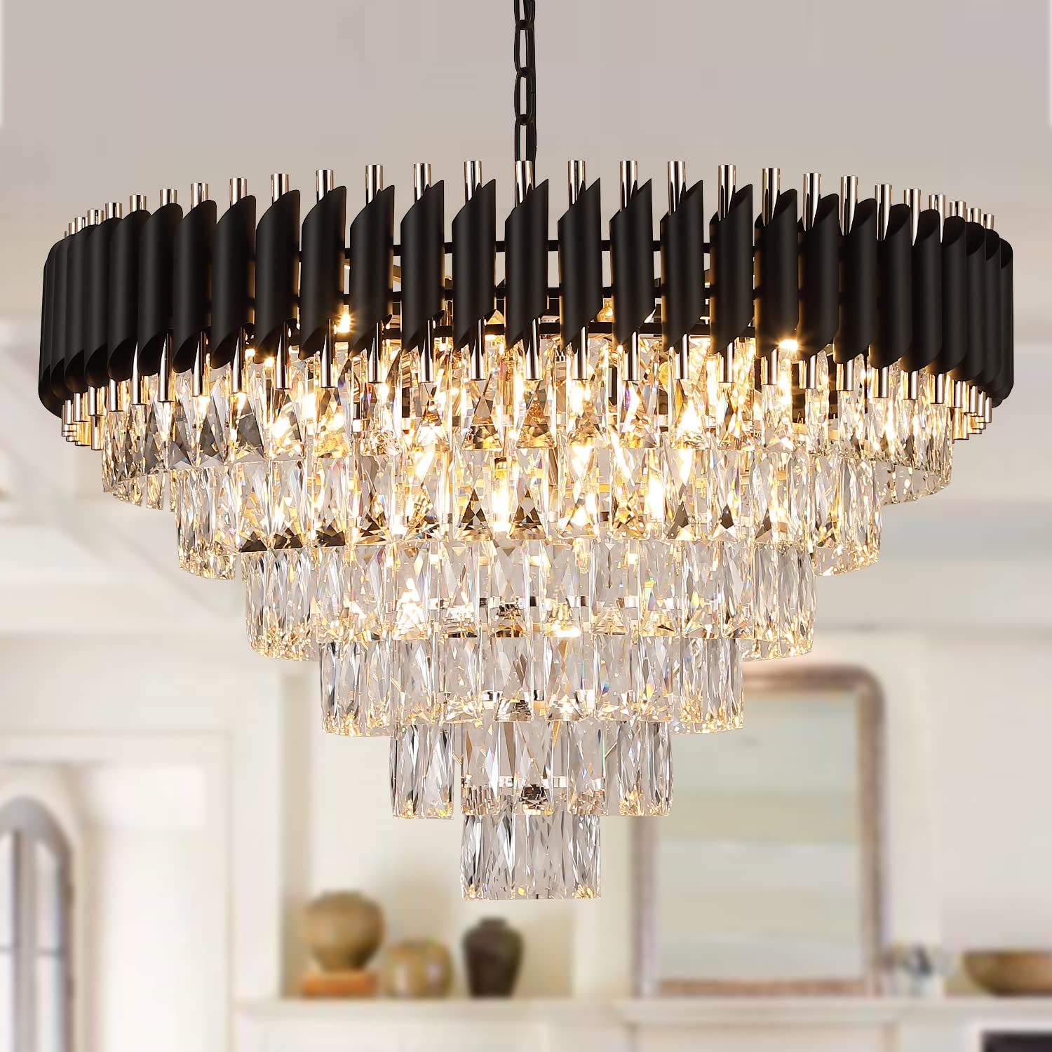 Axilixi Black And Gold Crystal Chandeliers 30” Modern Dining Room Chandelier Round 6 Tiers K9 Crystal Large Pendant Light Fixtures For Entryway Foyer Stairwell Living Room