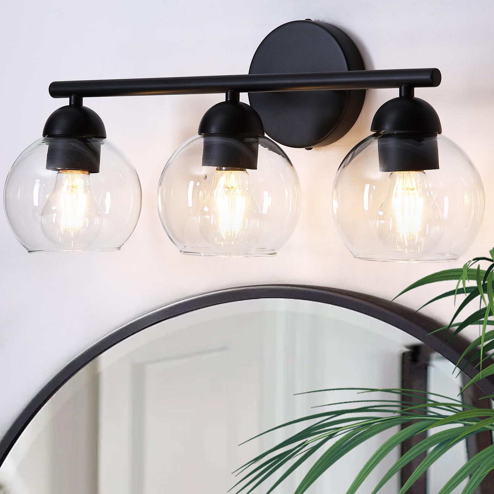 Wynterhaven 3 Light Bathroom Vanity Light  Black Vanity Light with Globe Glass Shades  Farmhouse Bathroom Light Fixtures Over Mirror  Modern Wall Lights for Bedroom Hallway  E26 Socket