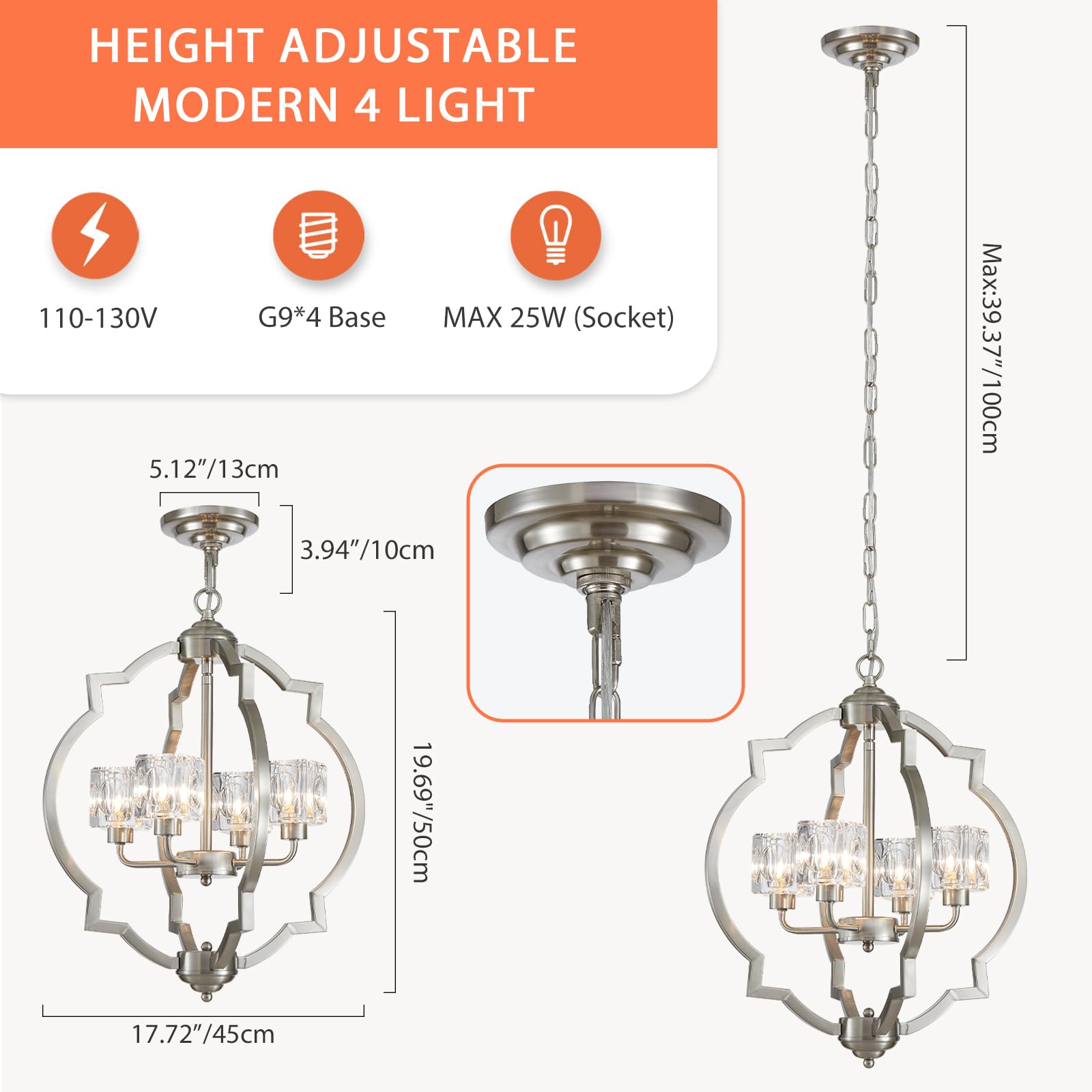 Majhoiw Brushed Nickel Chandelier - 4-Light Modern Farmhouse Pendant Lighting for Dining Room, Living Room, and Kitchen Island