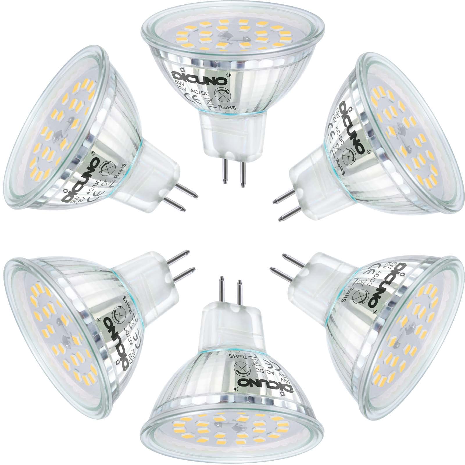 DiCUNO GU5.3 LED Bulb 12V MR16 Natural White 4000K 500LM 5W 6 Pack