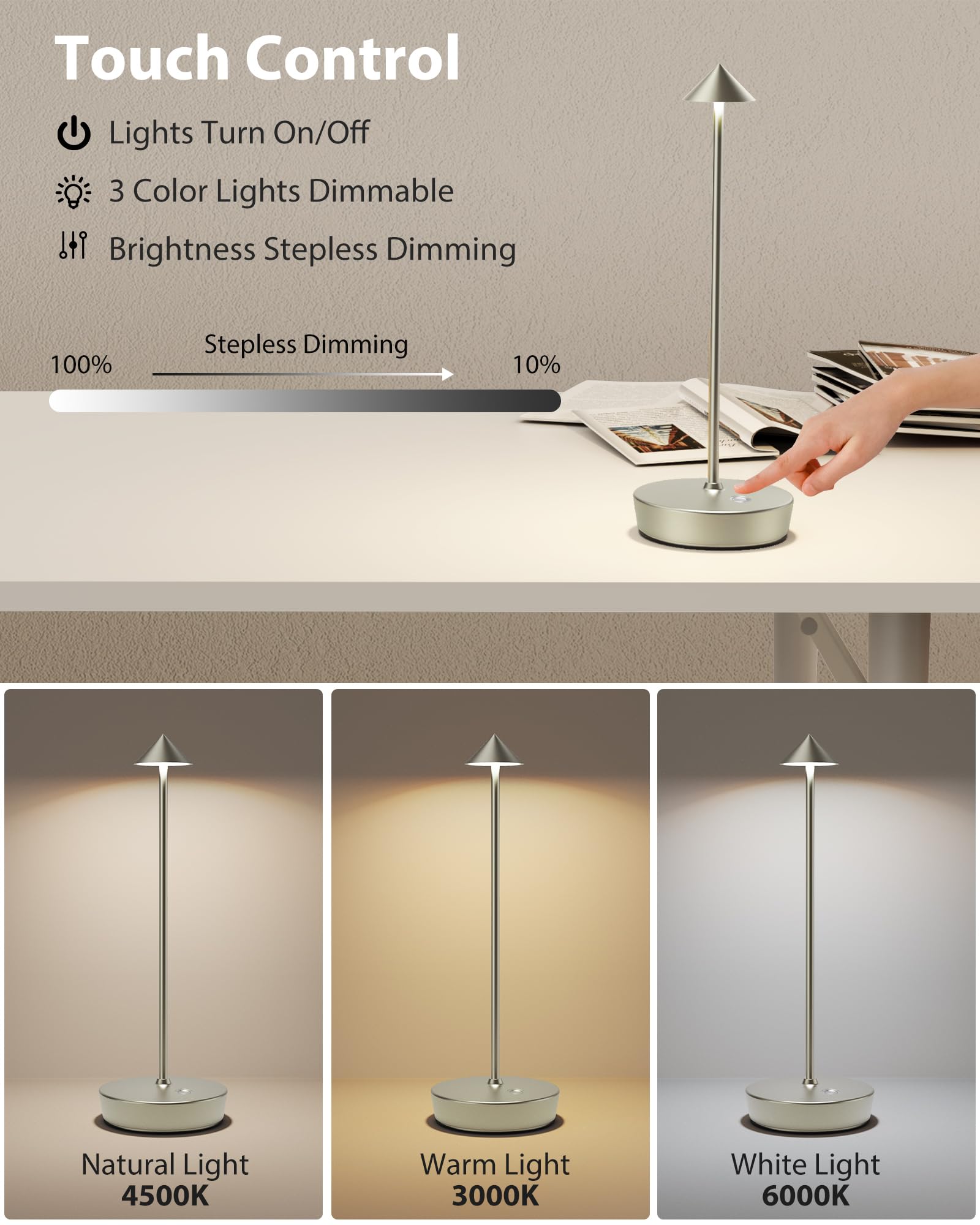 SHANGCAI Cordless Table Lamps, Rechargeable LED Desk Lamp, Waterproof, Touch Dimmable, Set of 2, Small, Silver