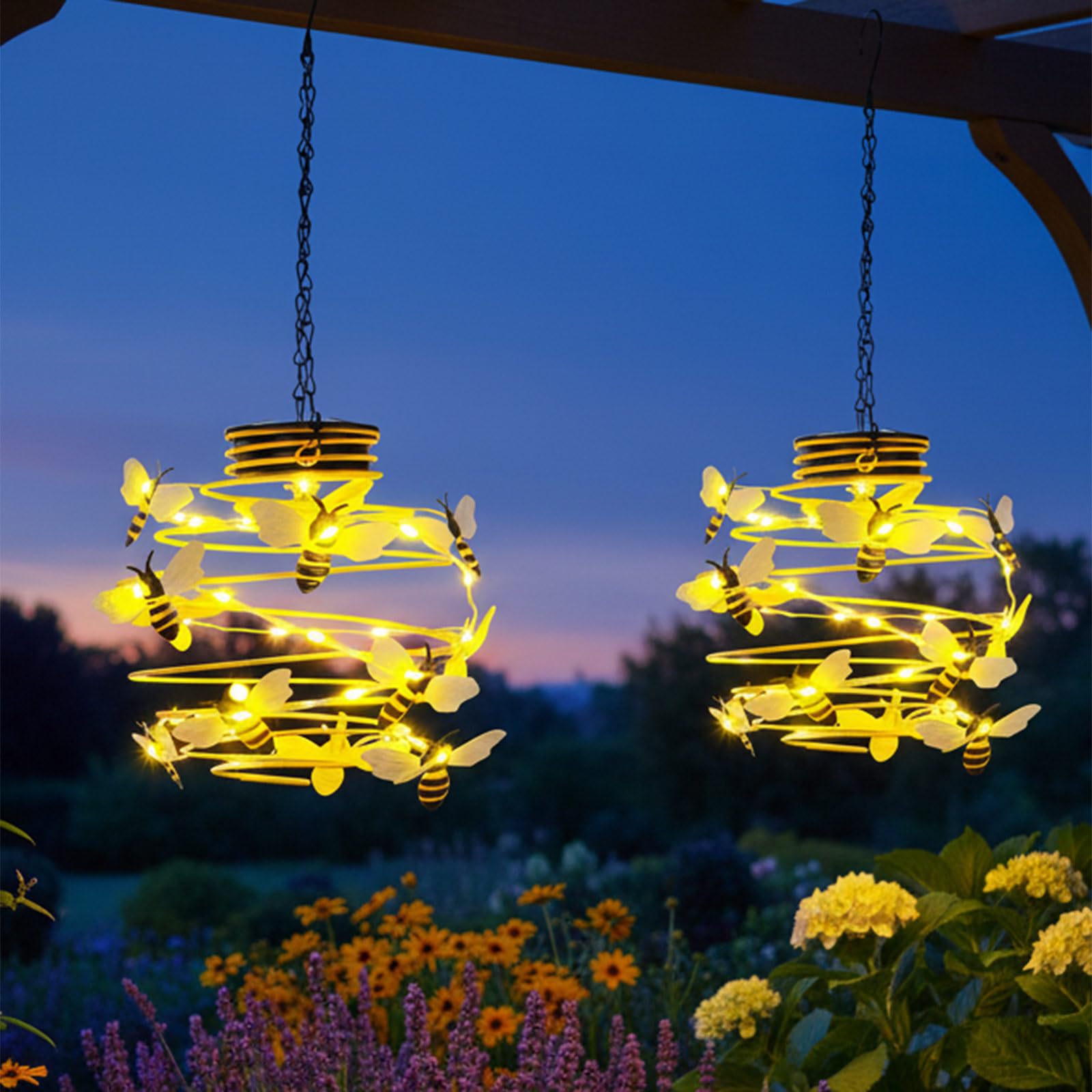 2 Pack Bee Solar Lights Outdoor Garden Decor,Bee Decorations Hanging Solar Lantern,Hanging Garden Decor for Outside Patio Yard P