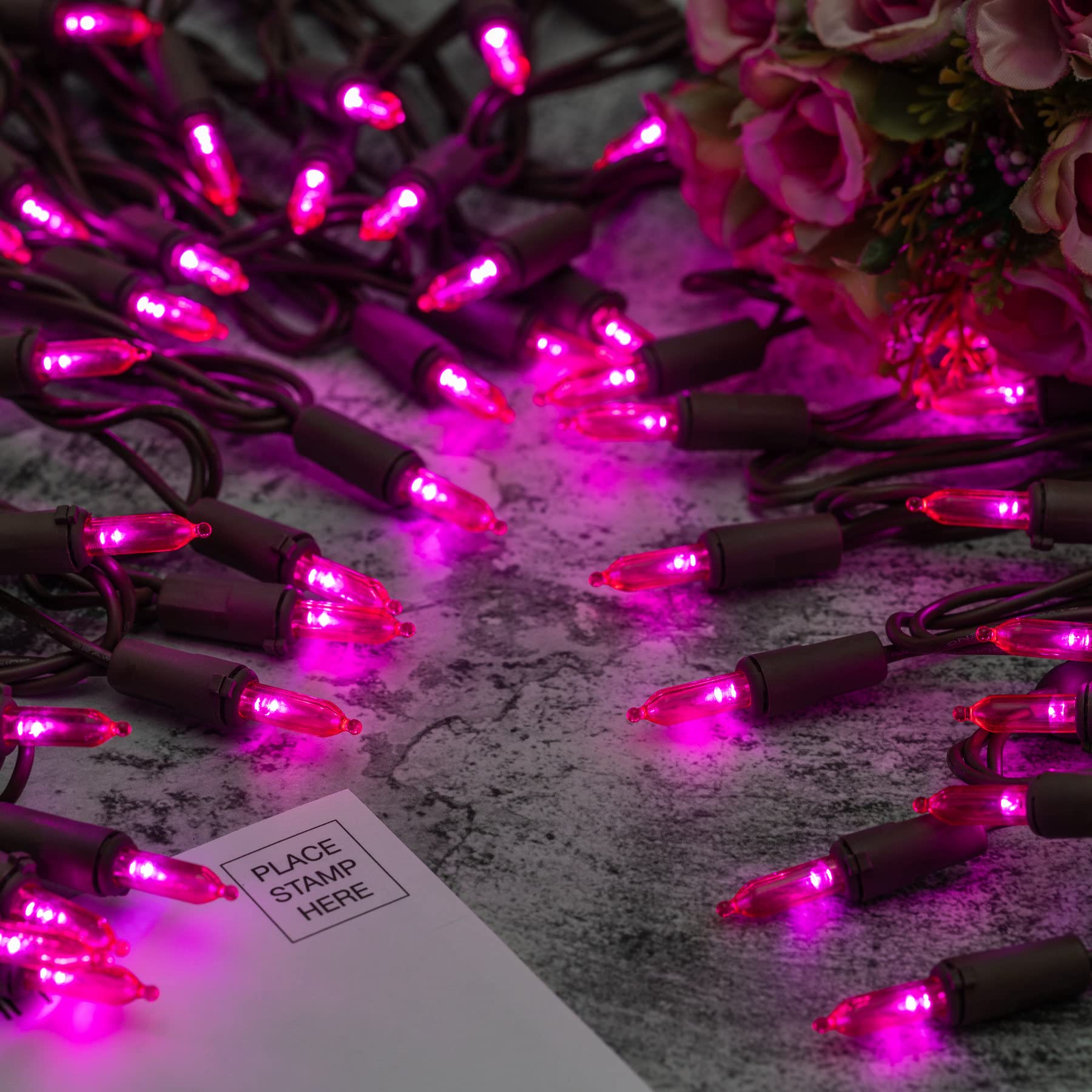 Yuletime 200 Pink Led Christmas Lights, 66 Feet Brown Wire Ul Certified Commercial Grade Holiday String Light Set