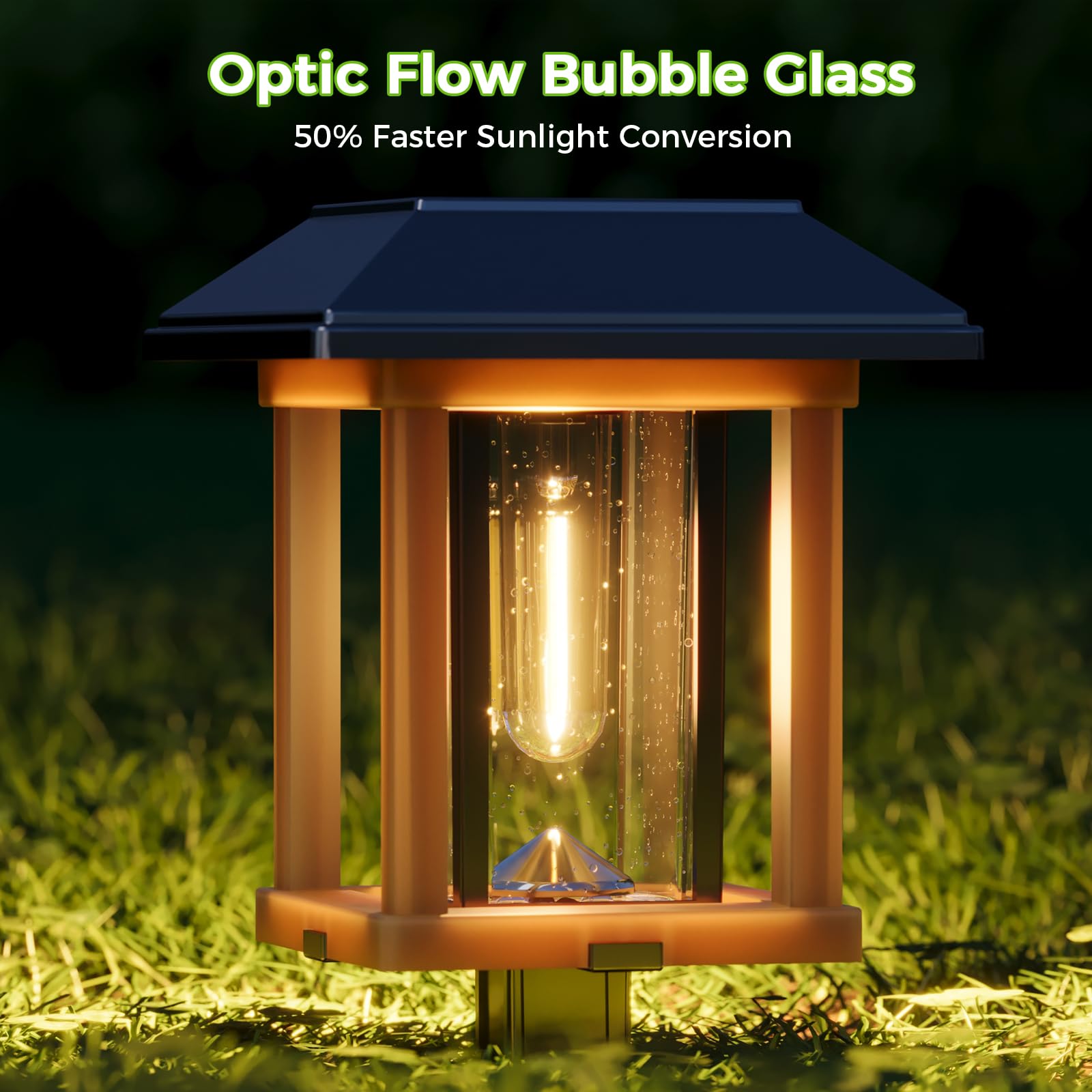 XMCOSY+ Solar Pathway Lights 4-Pack, Vintage Edison LED, 25 Lumens, IP65 Waterproof, Two-Tone Bronze & Wood Color, Model HW-6166B