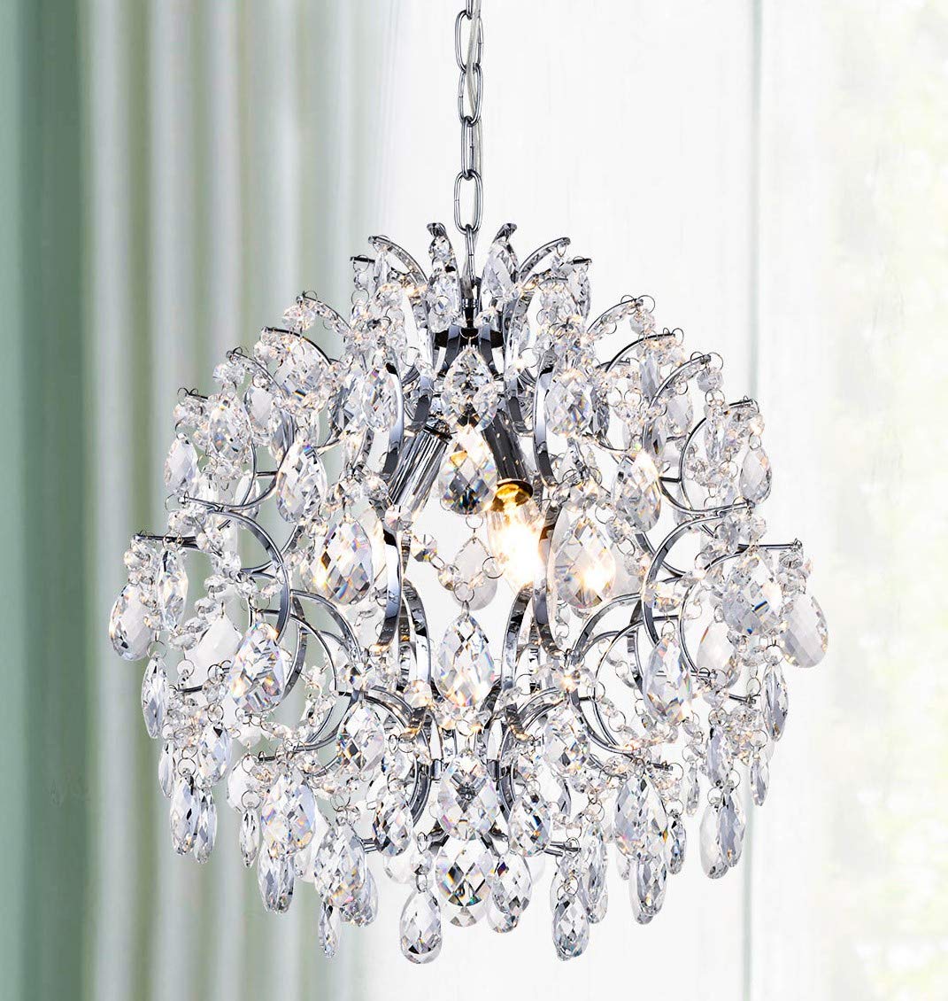Bestier Modern Pendant Chandelier, Crystal Raindrop Design, 16" D x 18" H, Chrome Finish, 3 E12 Bulbs Required, Ideal for Dining Room, Bedroom,