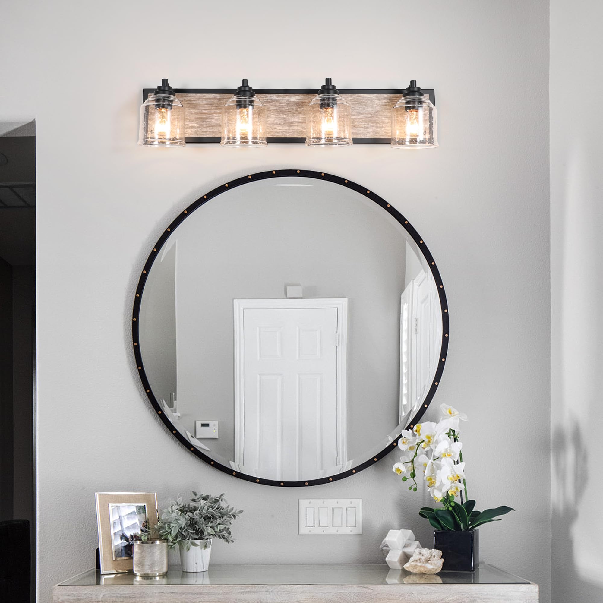 31.5" Large Farmhouse Bathroom Vanity Light,Handmade Grey Wood Vanity Light With Bubble Glass Shades,4-Light Rustic Wall Sconce Lighting Fixtures Over Mirror, Bd005-4-Bk