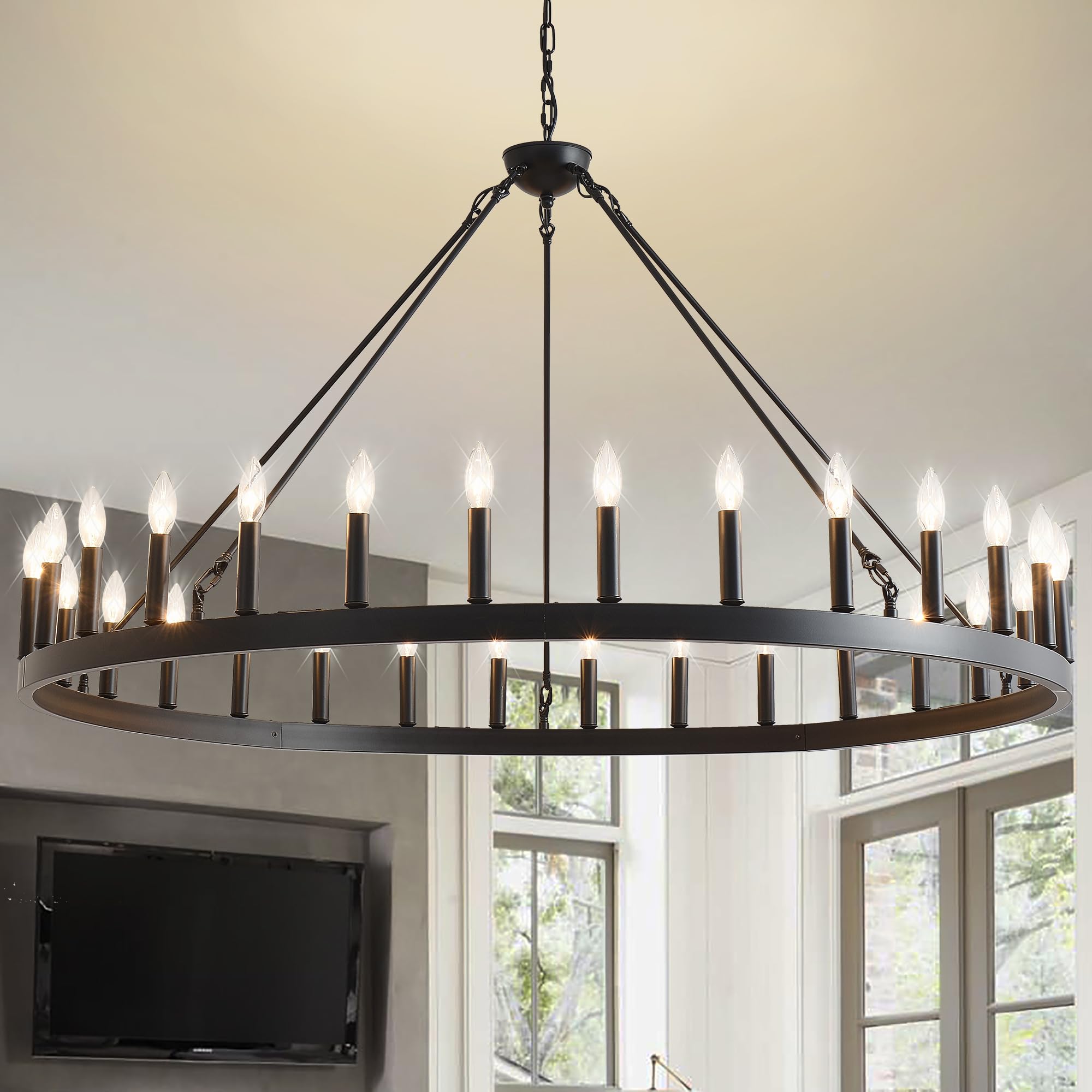 Sarudiir 53&quot; Black Rustic Wagon Wheel Chandelier, 30-Light Fixture For High Ceilings & Dining Room