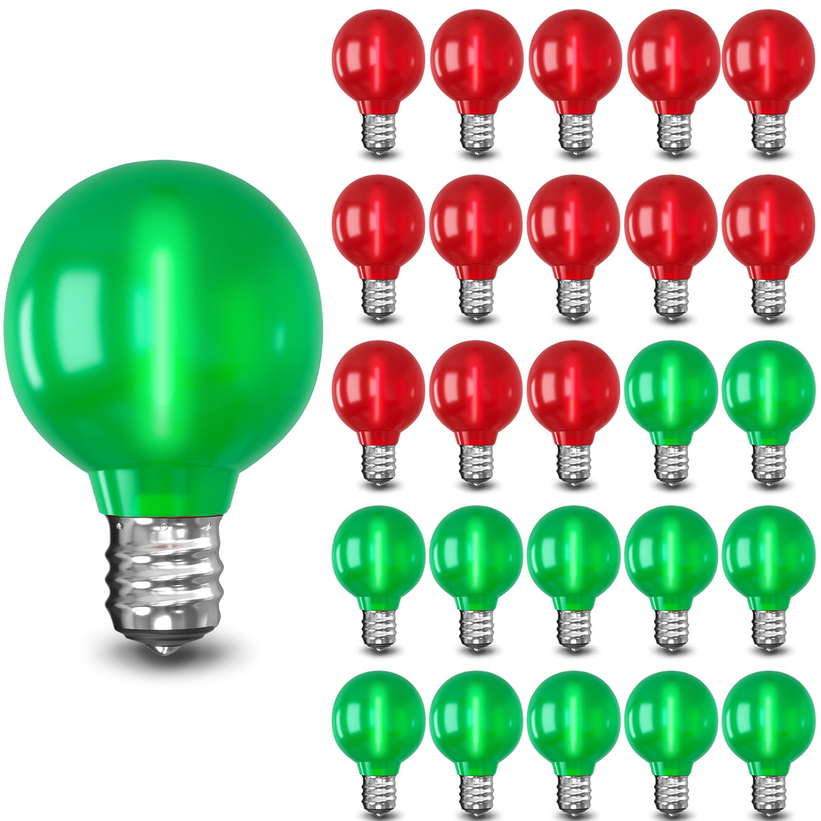25 Pack Frosted Red Green G40 LED Light Bulbs - 0.6W E12 Base Replacement Bulbs for Christmas Lights  String Light Bulb for Outdoor String Lights  Christmas Tree  Porch  Holiday Decorative Lighting