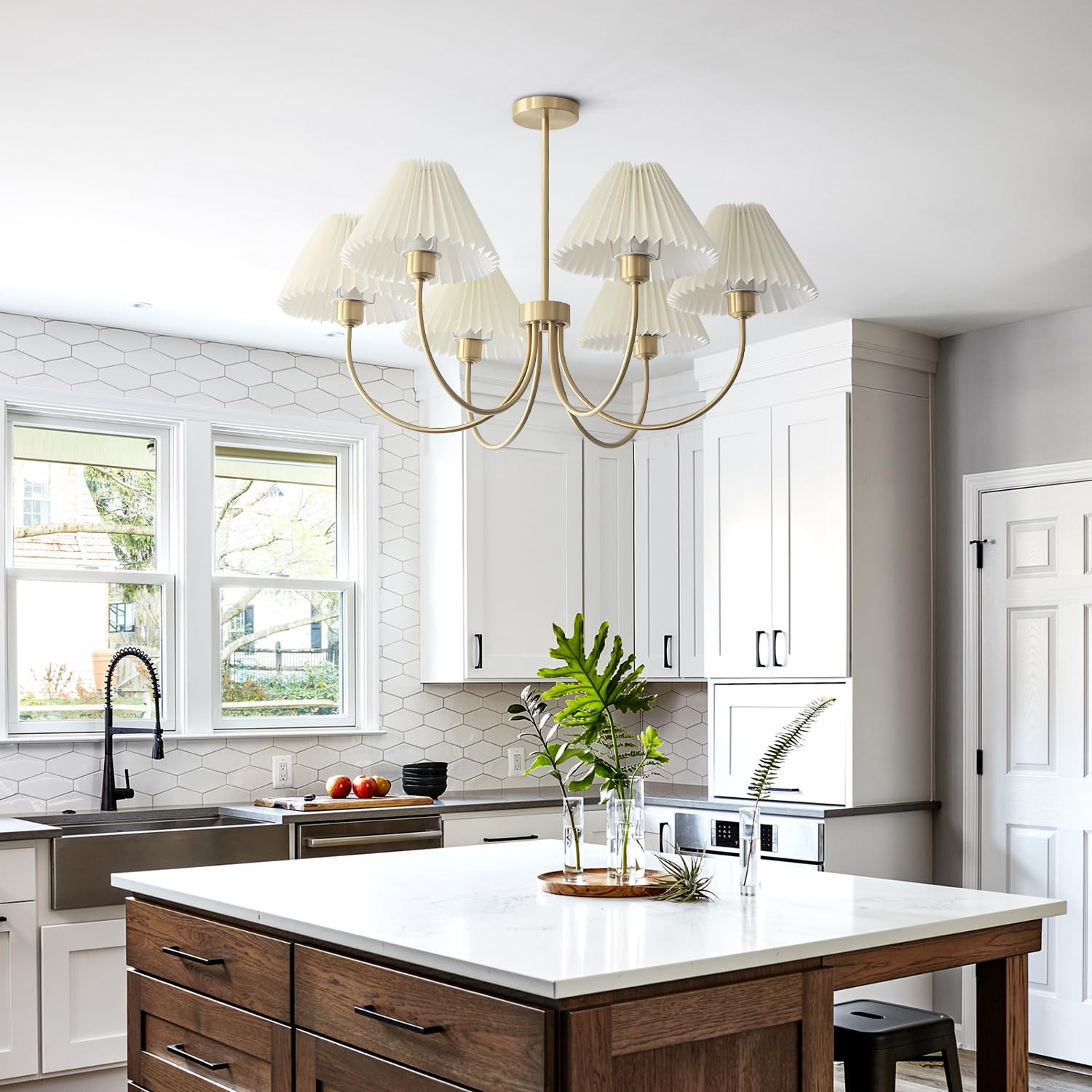 Kco Lighting Vintage Wrinkled Chandelier White Pleated Fabric Pendant Light Modern Gold Sputnik Chandelier 6-Lights Flush Mount