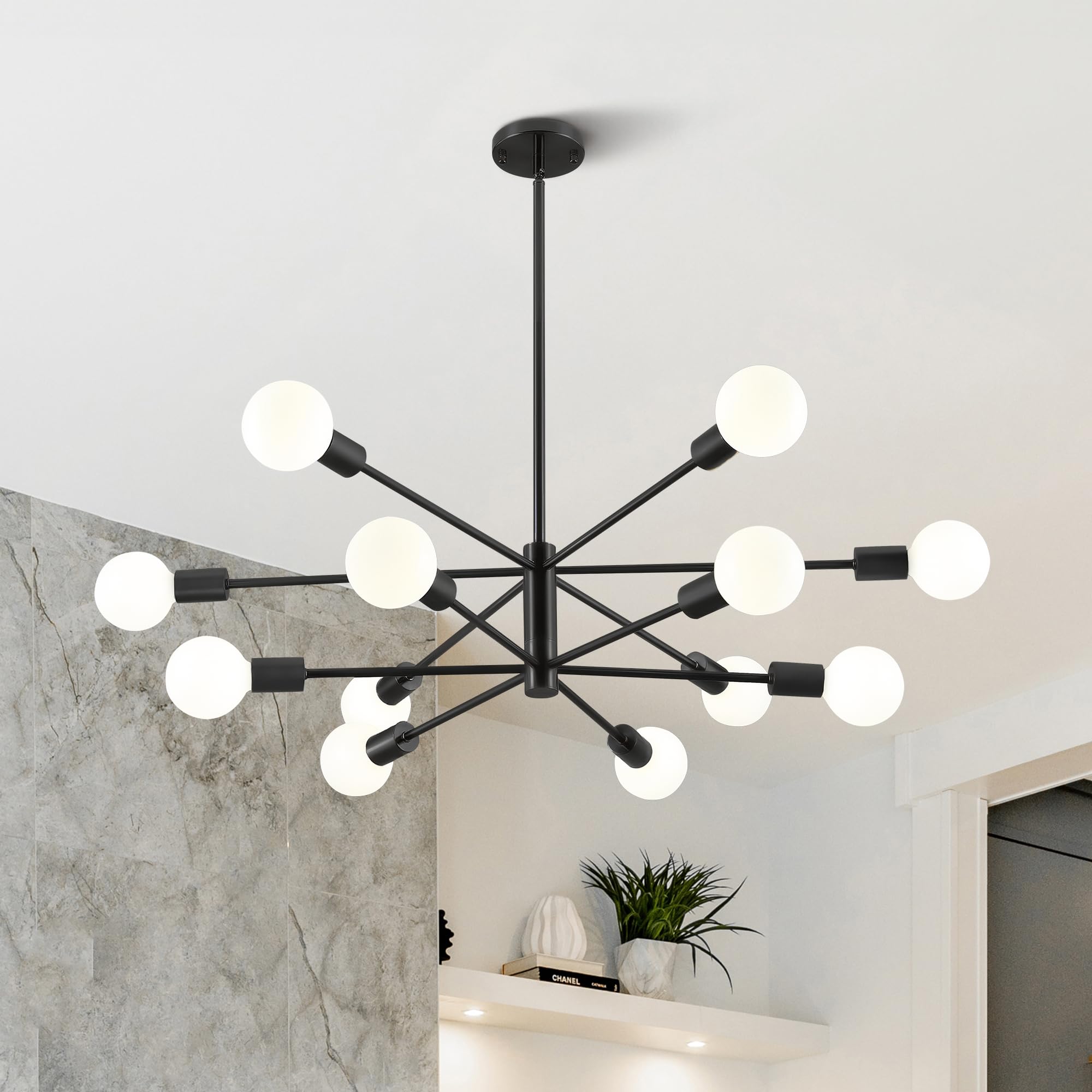 Vonluce 12-Light Sputnik Chandelier, Black Chandelier For Dining Room, Height Adjustable Modern Chandelier Over Table For Living