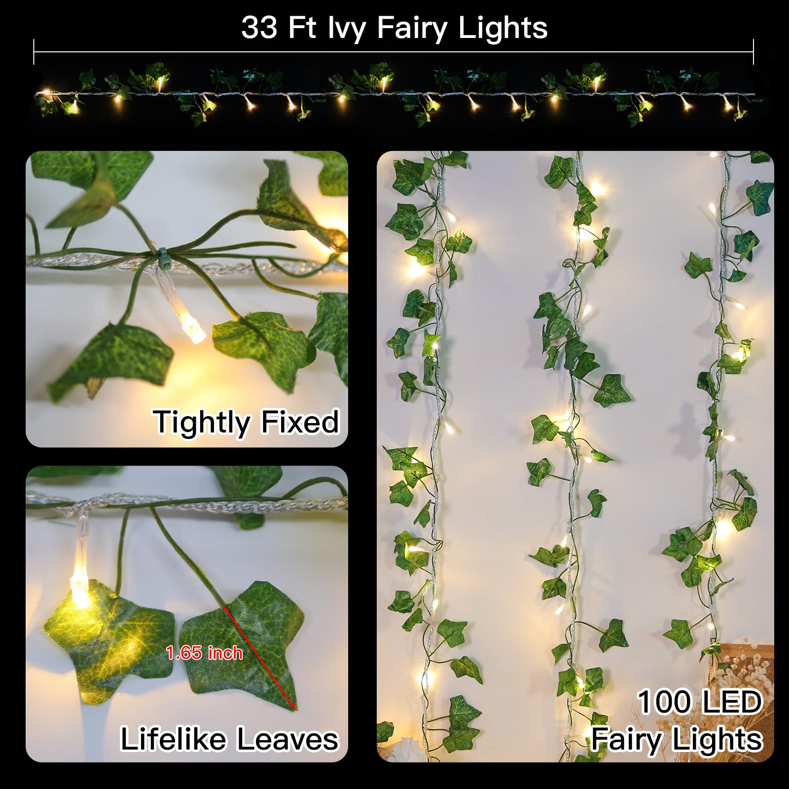 suddus Ivy String Lights with Remote, 33ft, 100 LED, Clear Wire, Warm White, Model SDS-100IVYWW