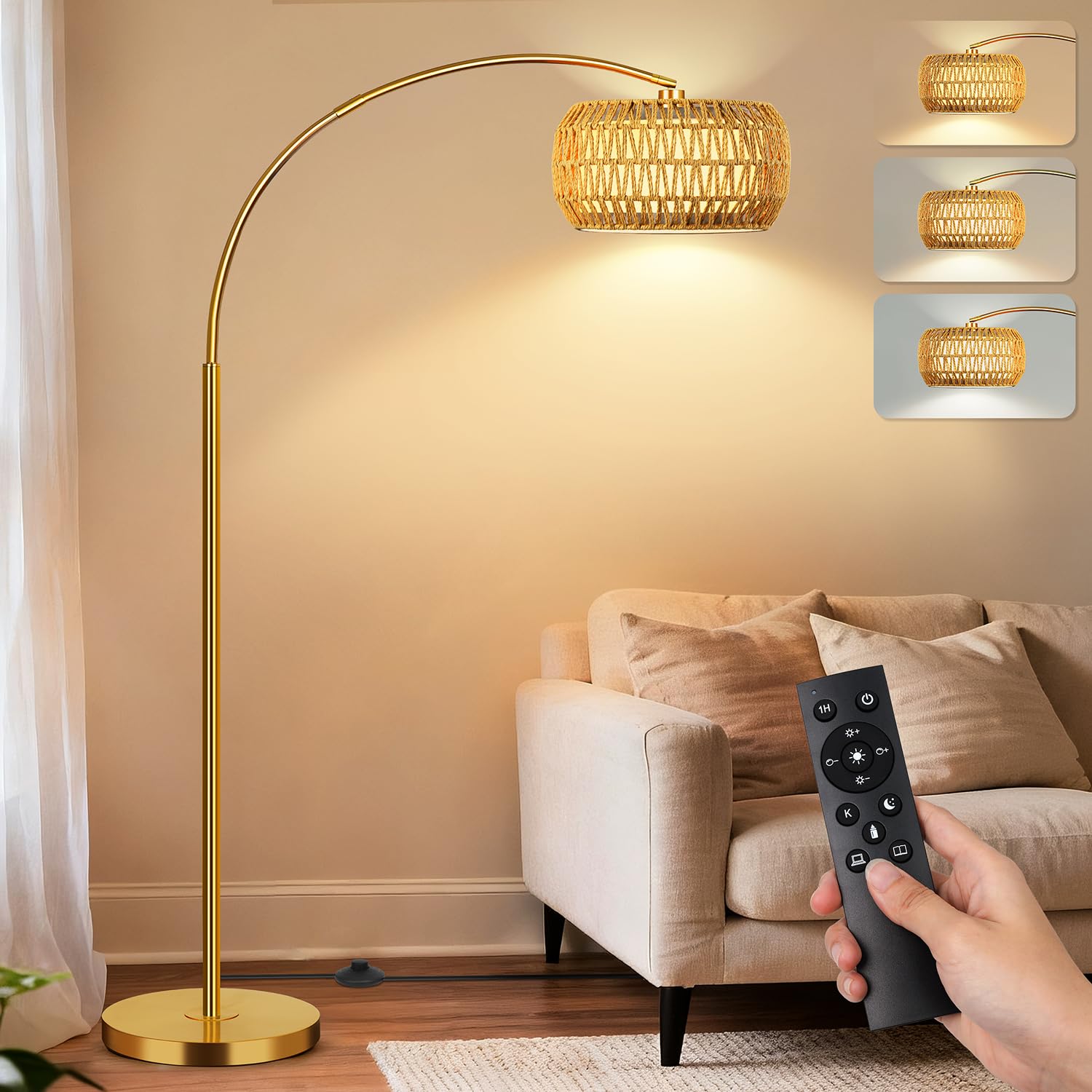 Gold Floor Lamps for Living Room, Arc Floor Lamp with Remote & Dimmable Bulb, Boho Standing lamp with 3 Color Temperatures, Adju