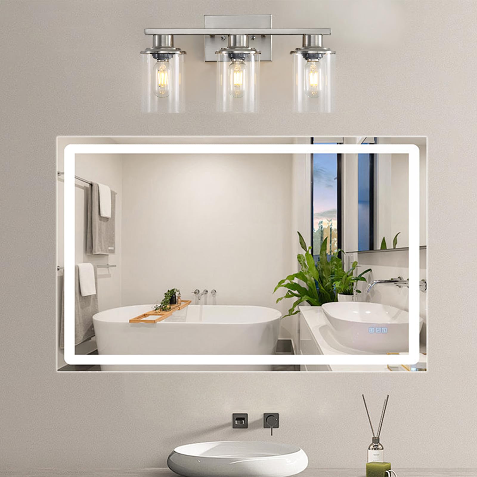 Lousace 3 Light Bathroom Vanity Light, Brushed Nickel Bathroom Light Fixtures, Modern Bathroom Lights Over Mirror With Clear Glass Shade, Wall Vanity Lighting Fixtures For Bathroom Bedroom Living Room