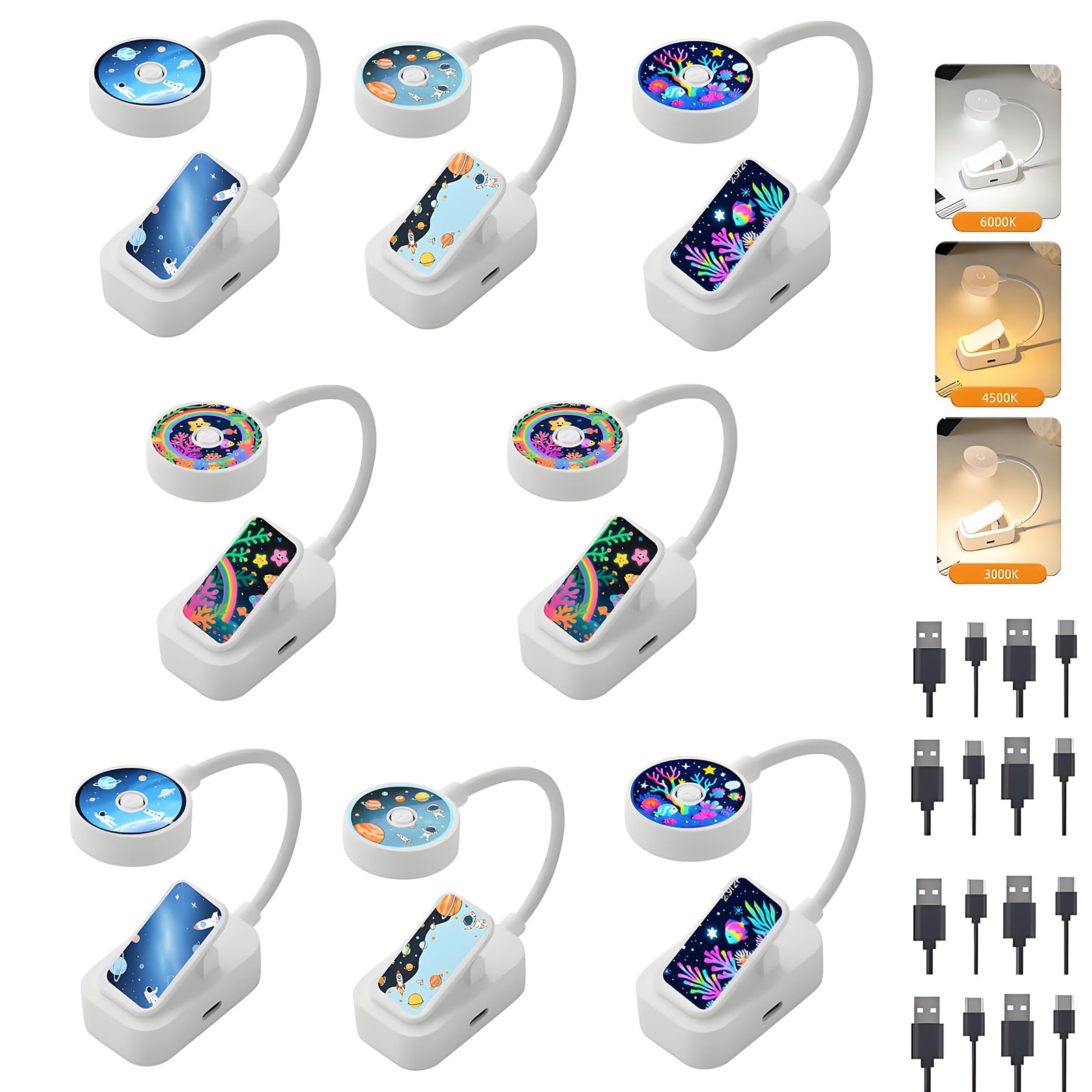 Darlur 8 Pack Rechargeable Small Book Lights Bulk for Reading at Night,3 Color,Adjustable Brightness,Clip on to Book Lights for 