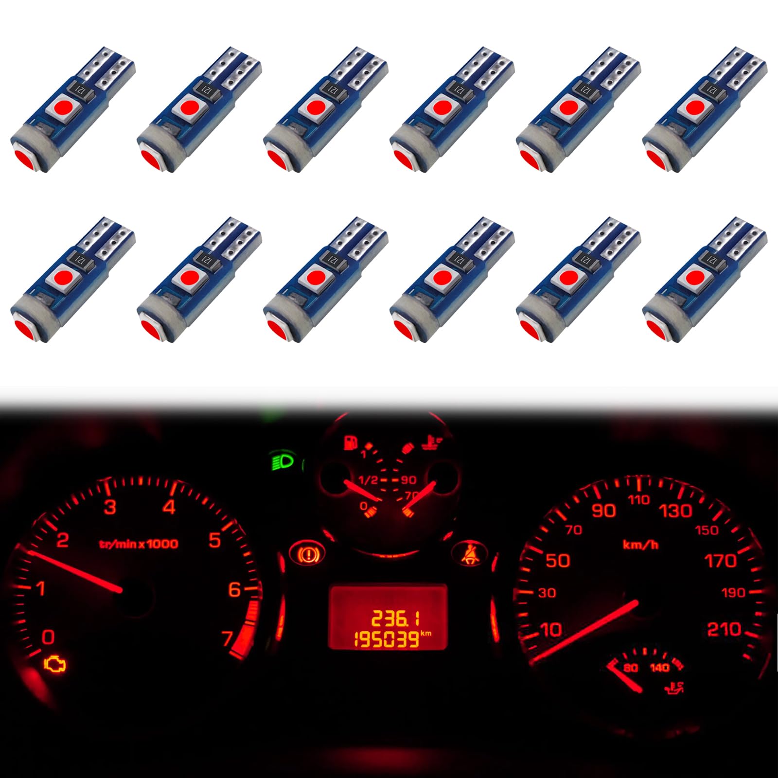 ecocstm 12 PCS T5 LED Bulbs  74 73 37 2721 Instrument Cluster Light Bulb  12 Volt Bright Canbus Error Free LED Dashboard Light Bulb  3030 SMD Automotive Replacement Bulbs (Red)