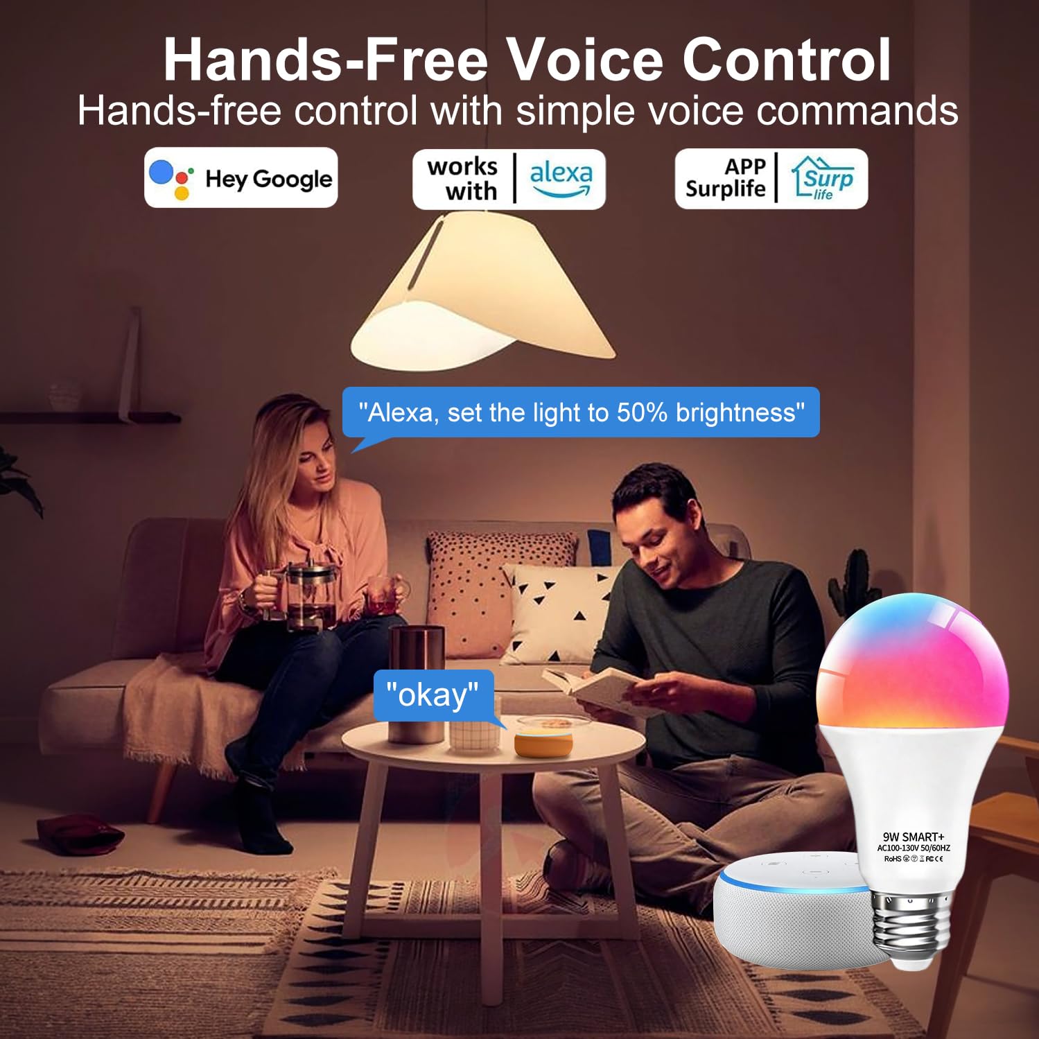 luckystyle Smart Light Bulbs, 9W A19 E26, WiFi Bluetooth RGBWW, 800LM, Dimmable, Compatible with Alexa & Google Assistant, 4-Pack