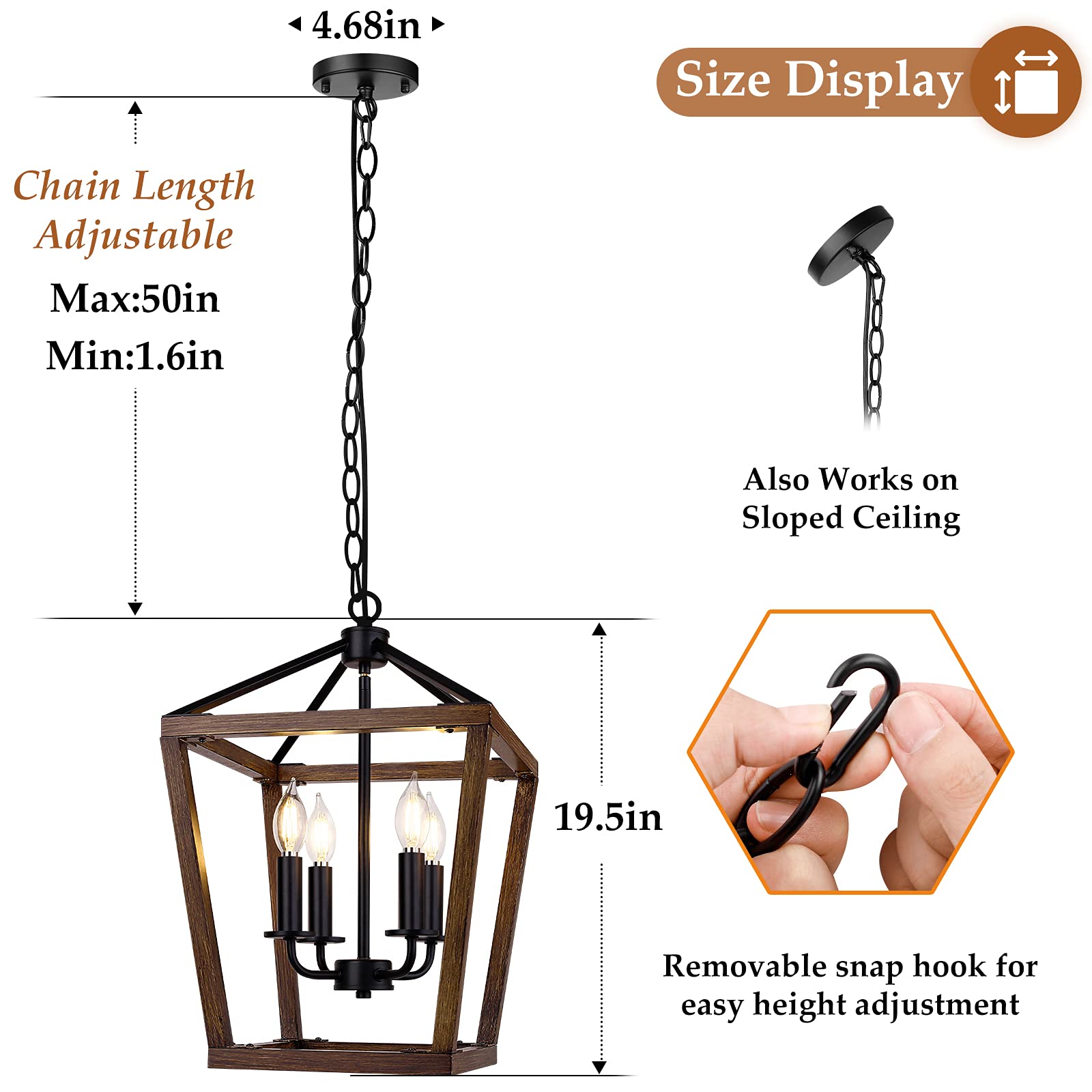 BrightHome Farmhouse Chandelier, 4-Light Pendant Ceiling Light, Height Adjustable, Wood Finish, Metal, Model D3560-04-WDBK