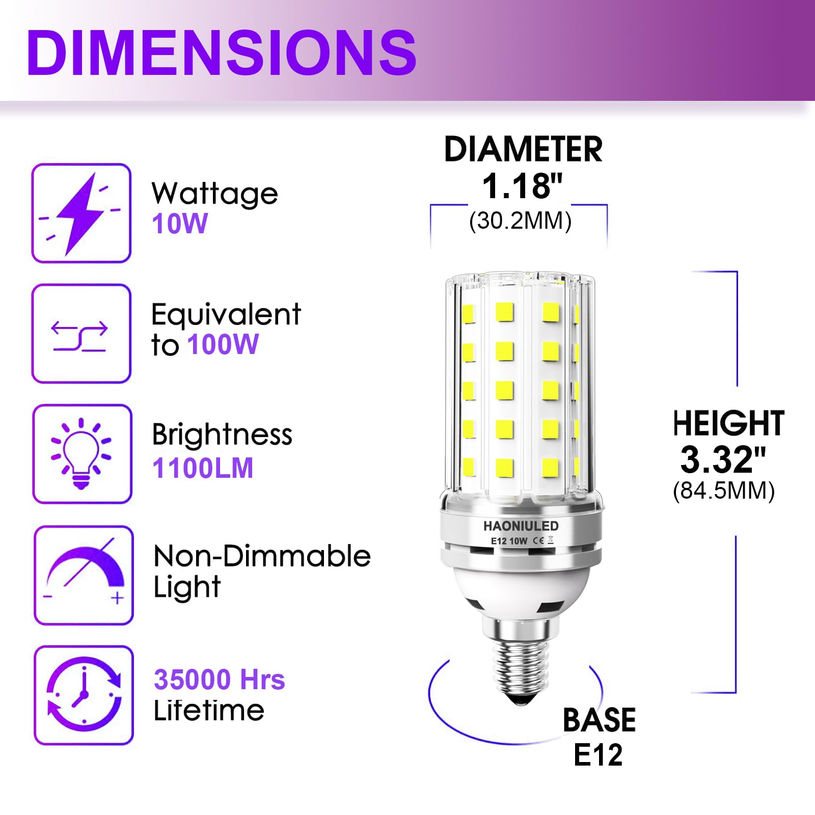 Haoniuled E12 Led Bulb, 10W Led Corn Light Bulbs,100-Watt Light Bulbs Equivalent, 6500K Cool Daylight White Chandelier Bulbs, 11