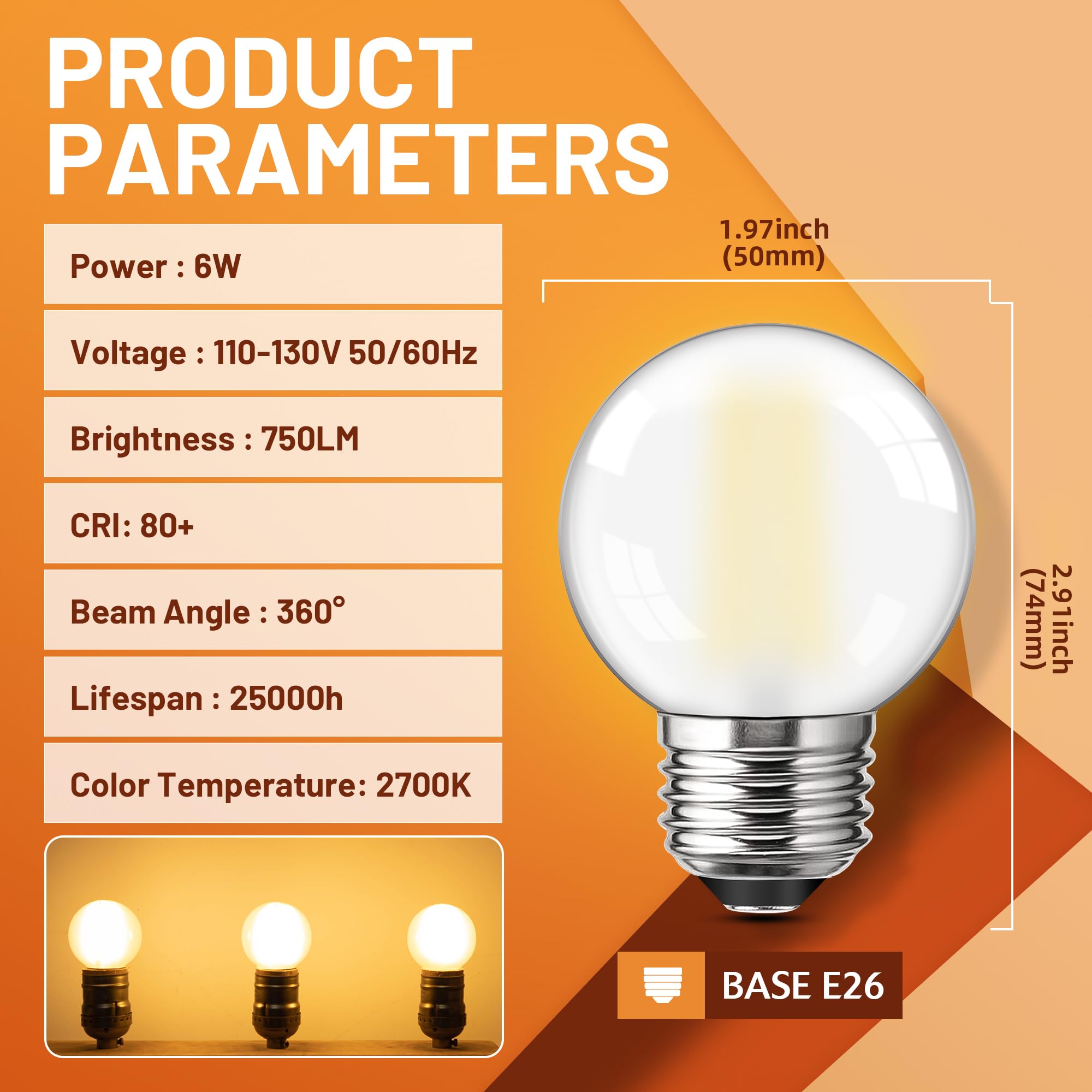 Guangyue Dimmable E26 Frosted Led Light Bulbs, 6W Equivalent 60 Watt Edison Bulbs, G16.5 Edison Led Frosted Globe Light Bulbs, 4