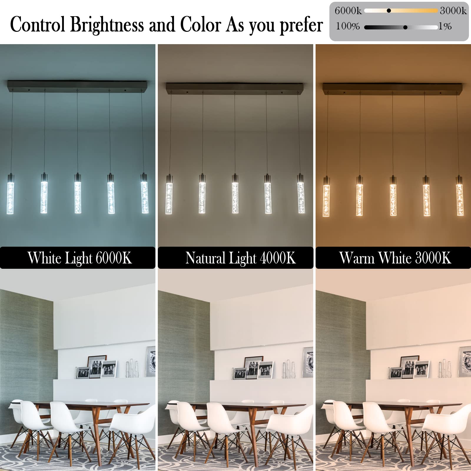 Bestwest Three Color Pendant Kitchen Lighting, Brushed Nickel Pendant Chandelier Lighting With Remote Control, 3D Pendant Lighti