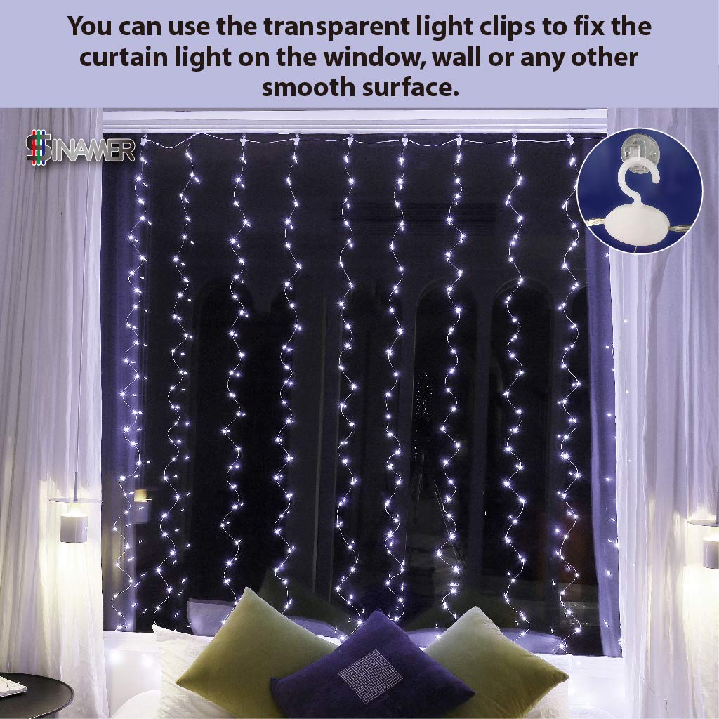 Sinamer Upgrade 300 Led Curtain Light, 9.8Ft X 9.8Ft Copper Wire String Lights, Usb Powered Hanging Window Fairy Lights, 8 Lighting Modes, Remote Control For Home Christmas Wedding Party, White