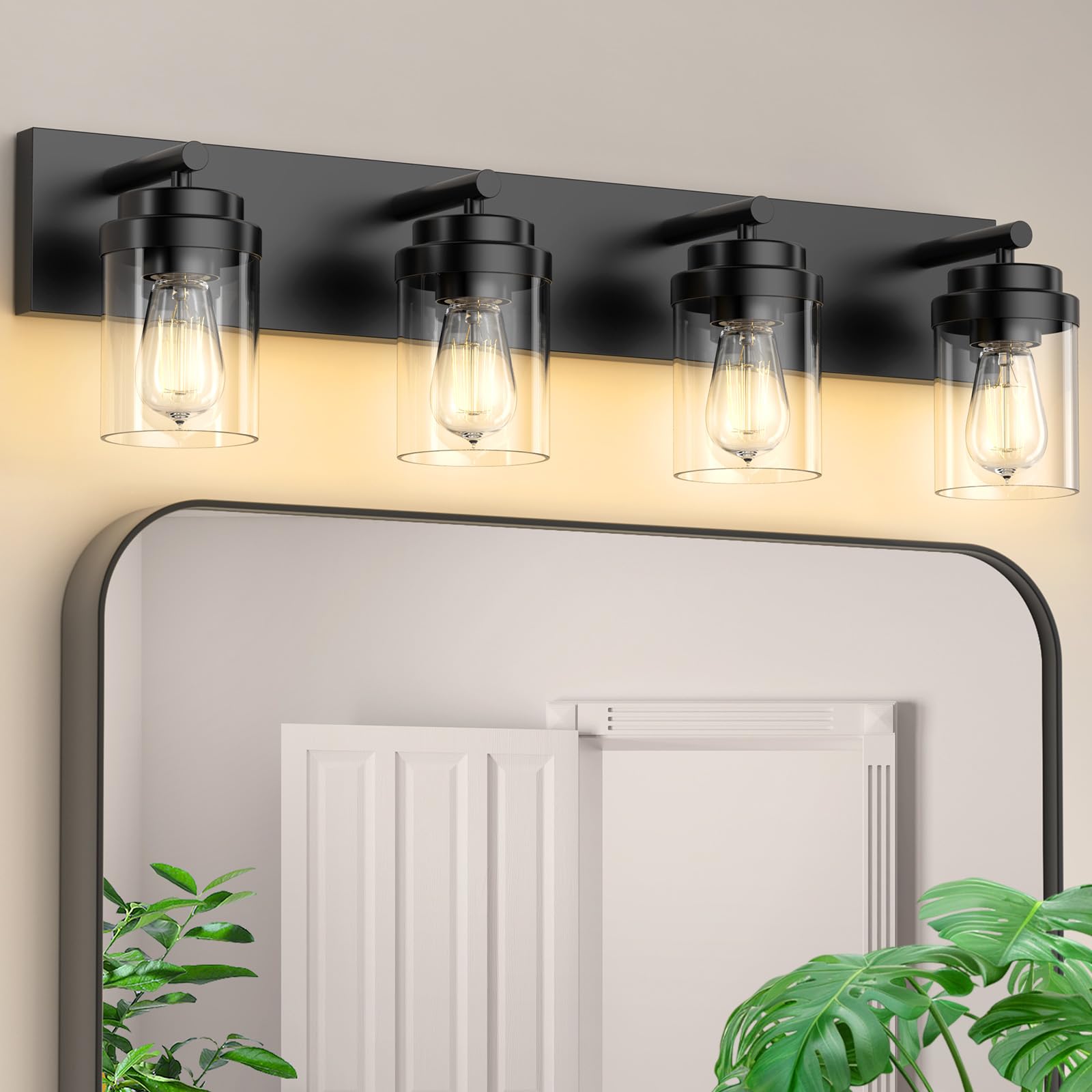 Izorro Bathroom Vanity Light Fixture  4-Light 27.5 Inch Matte Black Bathroom Light Fixtures Over Mirror  With Clear Glass Shade  Modern Farmhouse Vanity Lights  Rustic Restroom Lighting Fixtures