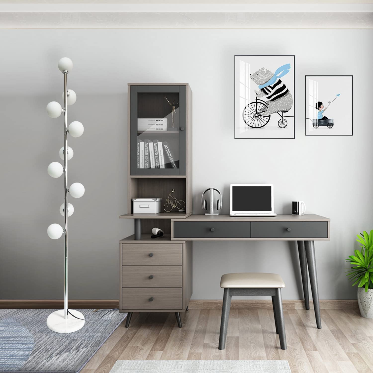 Hsyile Modern Floor Lamp - Chrome Finish, Globe Design, 9 LED Bulbs Included, Ideal for Living Room, Bedroom, Office