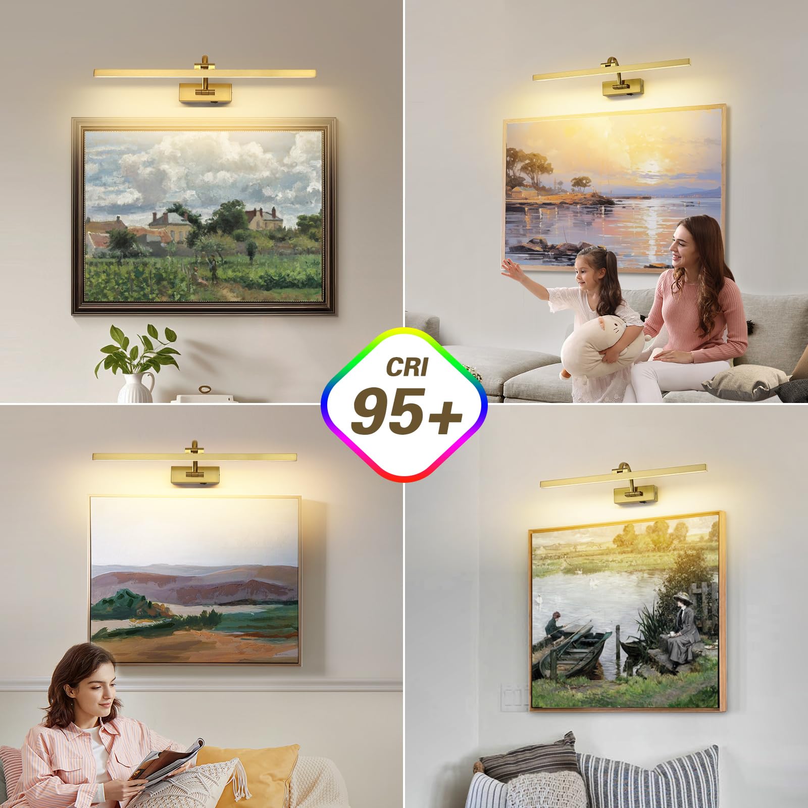 DESOOP Wireless Picture Lights, 23.62" Brass Art Lighting, Battery Operated, Dimmable with Remote, Acrylic, Model 9862
