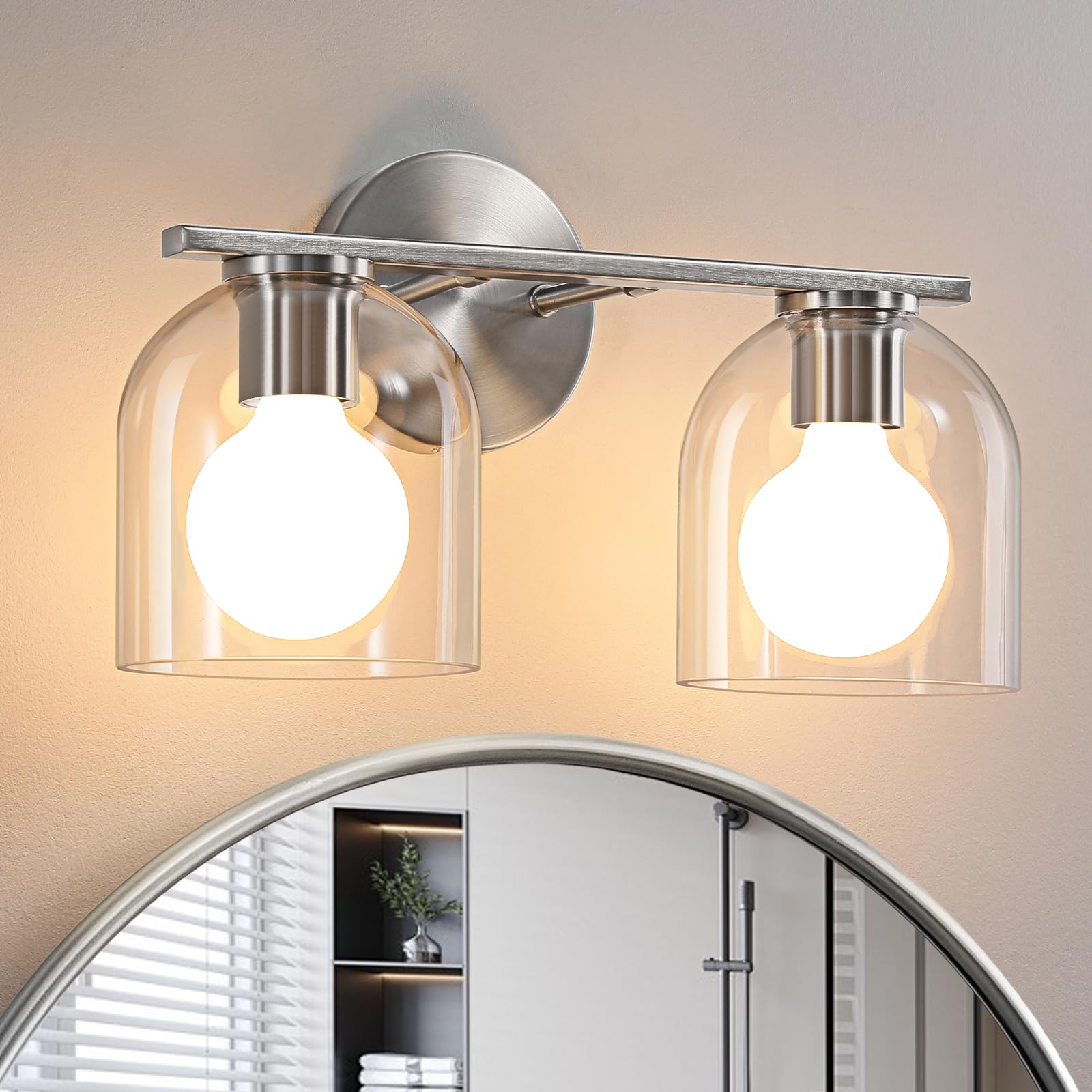 Woshitu Modern Brushed Nickel 14.2 Inch Bathroom Vanity Light Fixtures: 2 Light Sconces With Clear Glass Shade For Above Mirror,