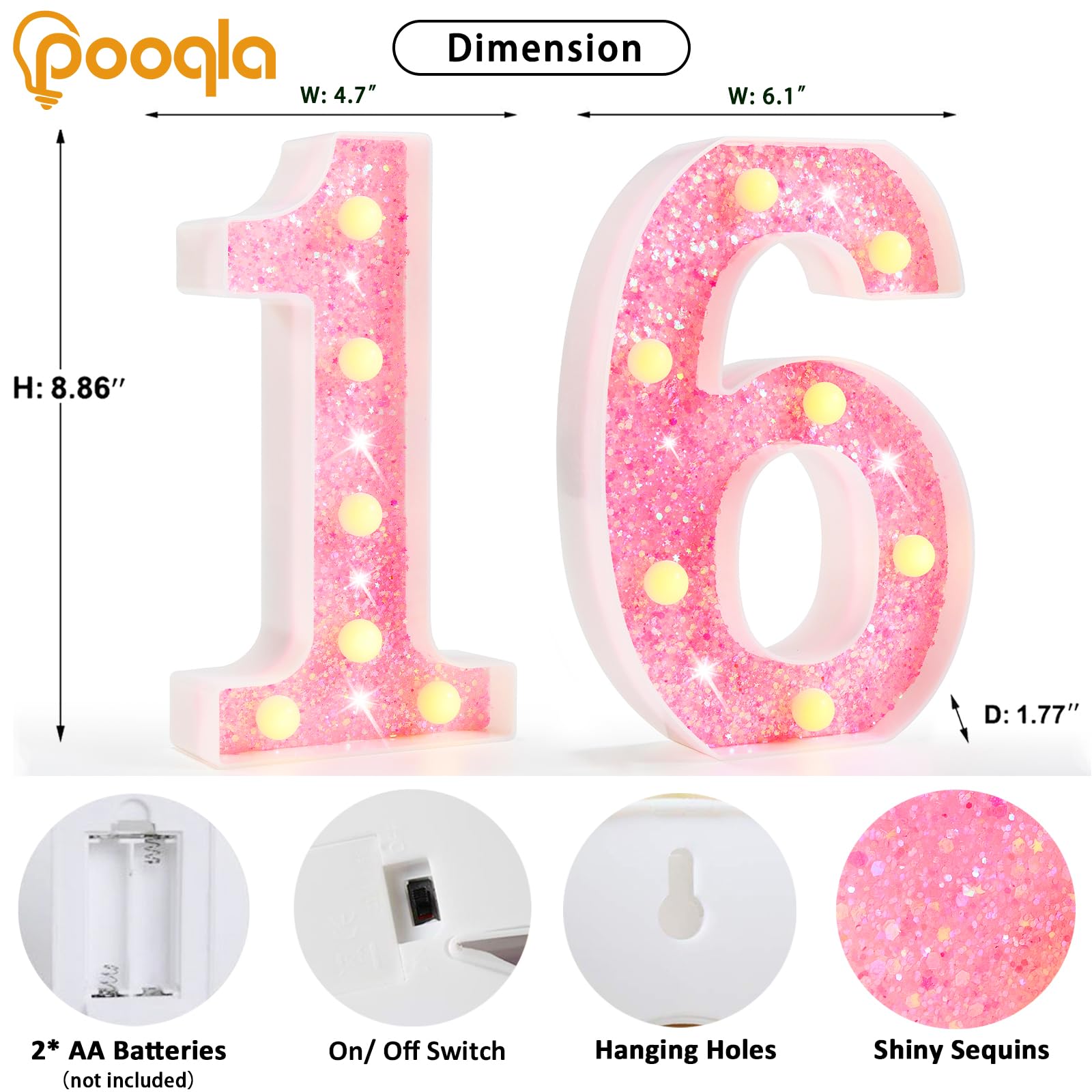 Pooqla Marquee Numbers Lights, Light Up Numbers Battery Powered, Glitter Lighted Numbers For Birthday Party, Shiny Led Numbers For Party For 16Th 61Th Birthday Anniversary Decoration, Pink Number 16