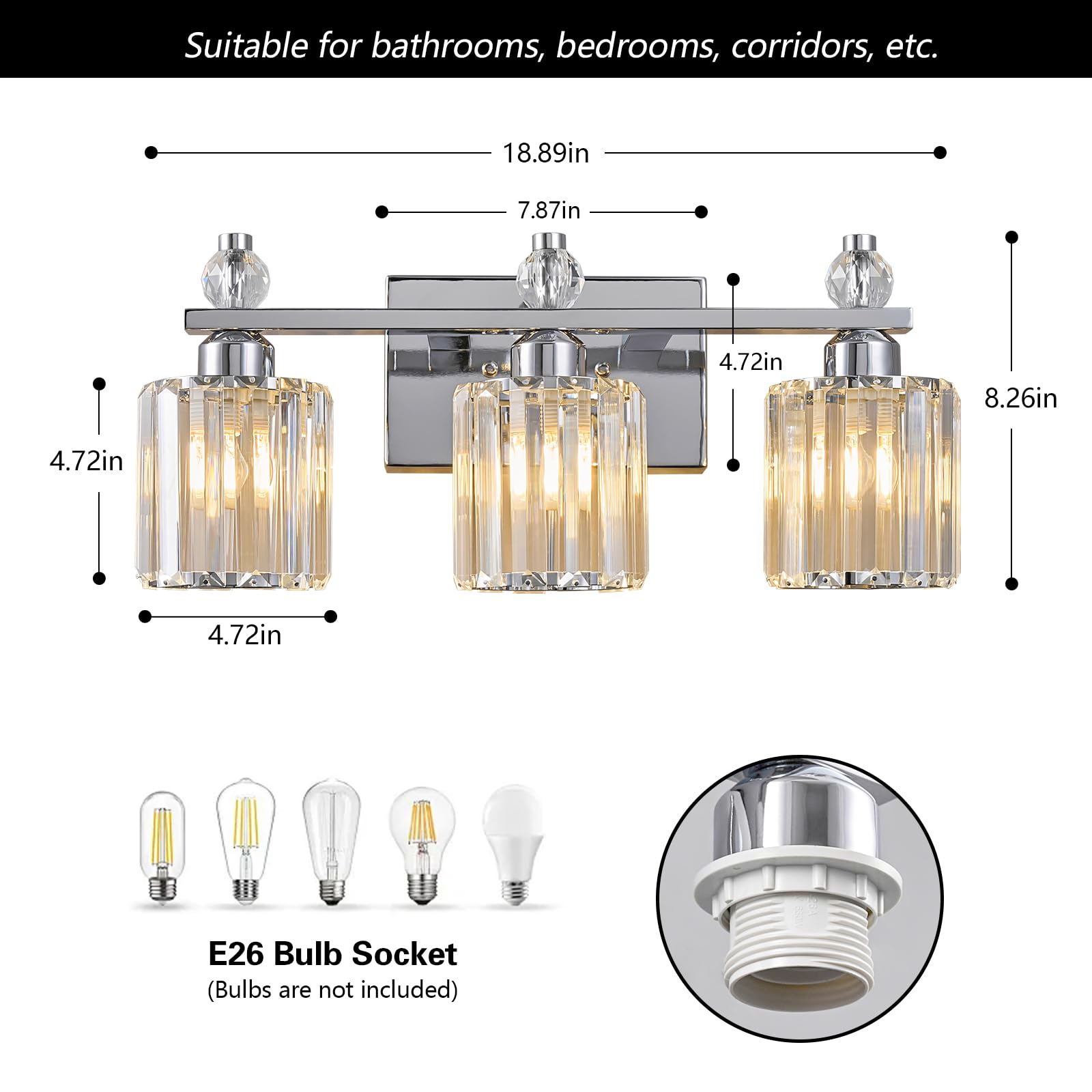 FDPBY 3-Light Bathroom Vanity Lights Chrome Metal Crystal Fixtures Model 291