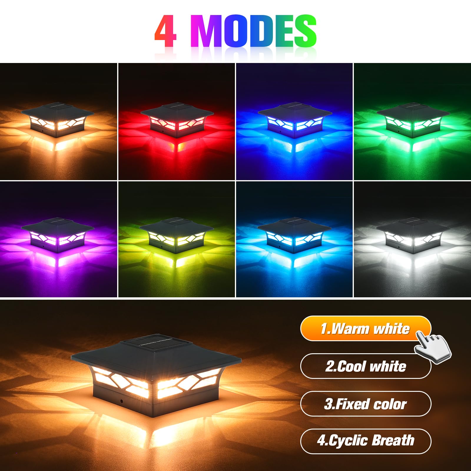 VOLISUN Solar Fence Post Cap Light, Waterproof RGB Color Changing, 8 Pack, Black, Fits 4x4 & 6" Wooden/Vinyl Posts, Solar Powered