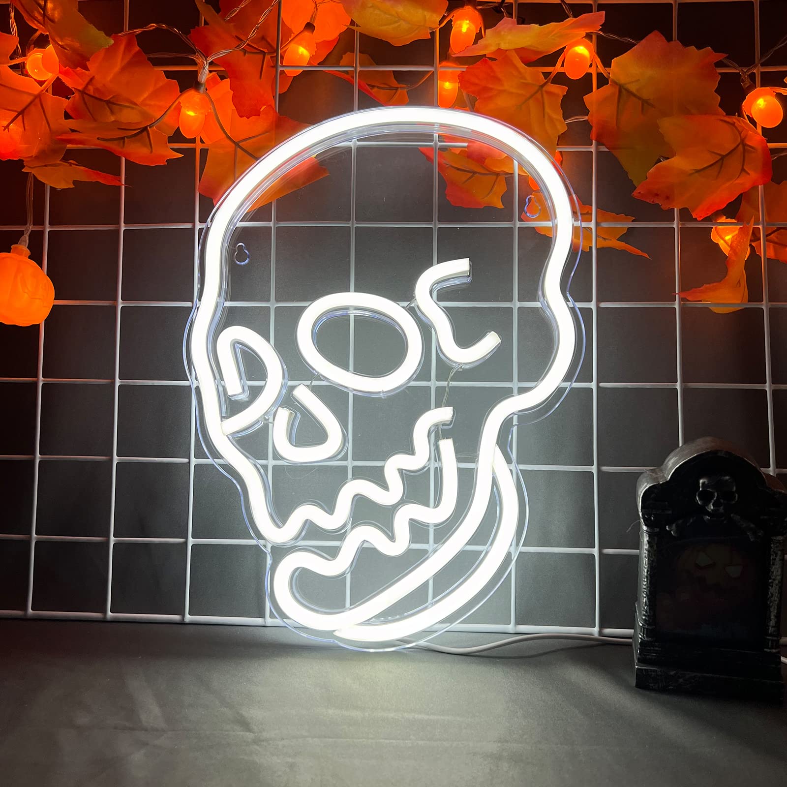 BerniceKelly Halloween Skull Neon Sign, White LED Acrylic Wall Light, Model ZXJ-96