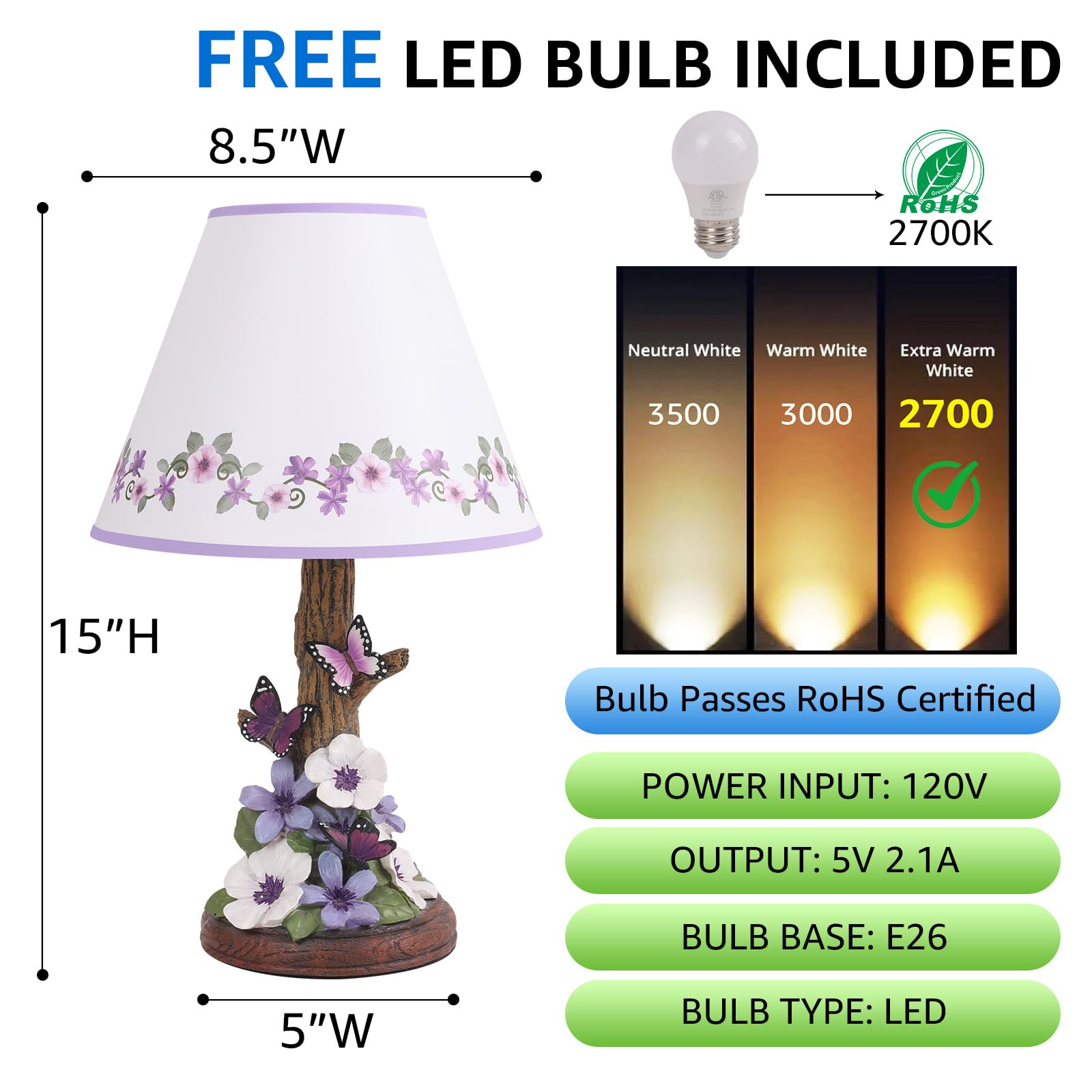 Eycfo Butterfly Flower Table Lamp, Led Light Source - Vintage Home Decor, Purple Morning Glory Side Lamp, Pressed Floral Bedside