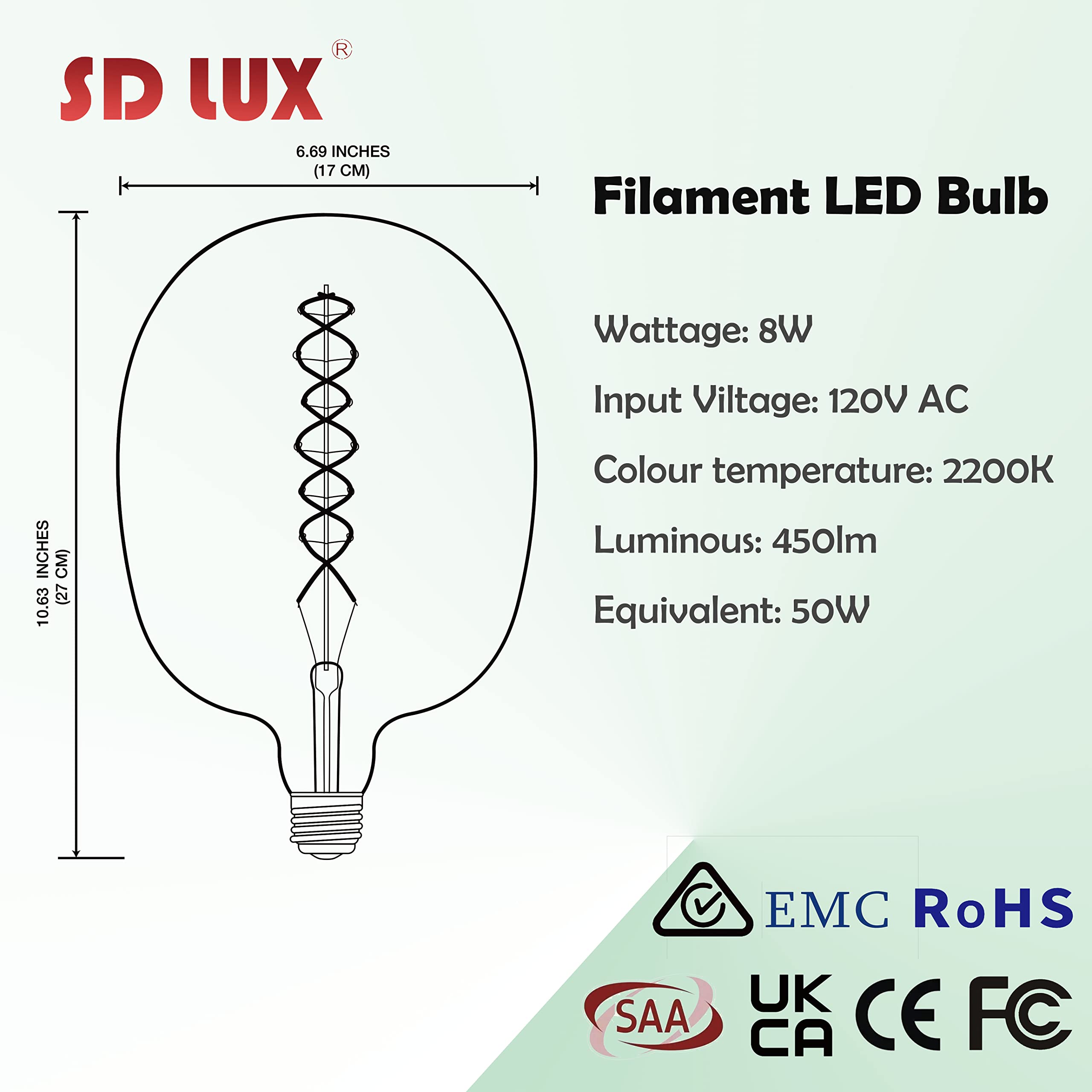 SD LUX Oversized Vintage Giant LED Light Bulb, Dimmable 8W 450LM, Warm White 2200K, Medium E26 Base, Extra Large, Amber