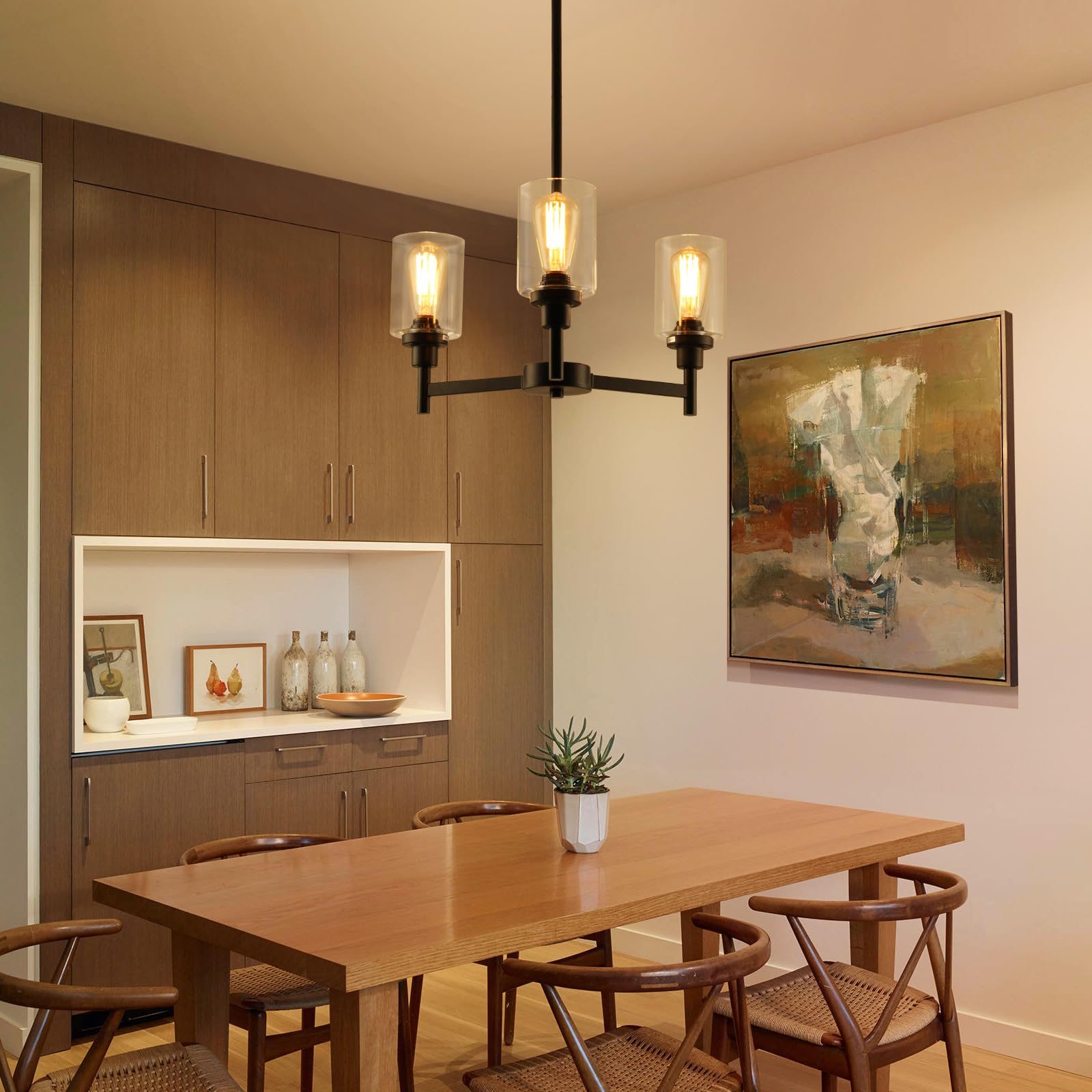 LIGHTDAMY 3-Light Black Chandelier - Glass Shade Lighting Fixture for Dining Room, Foyer, Hallway - Model Y292492501